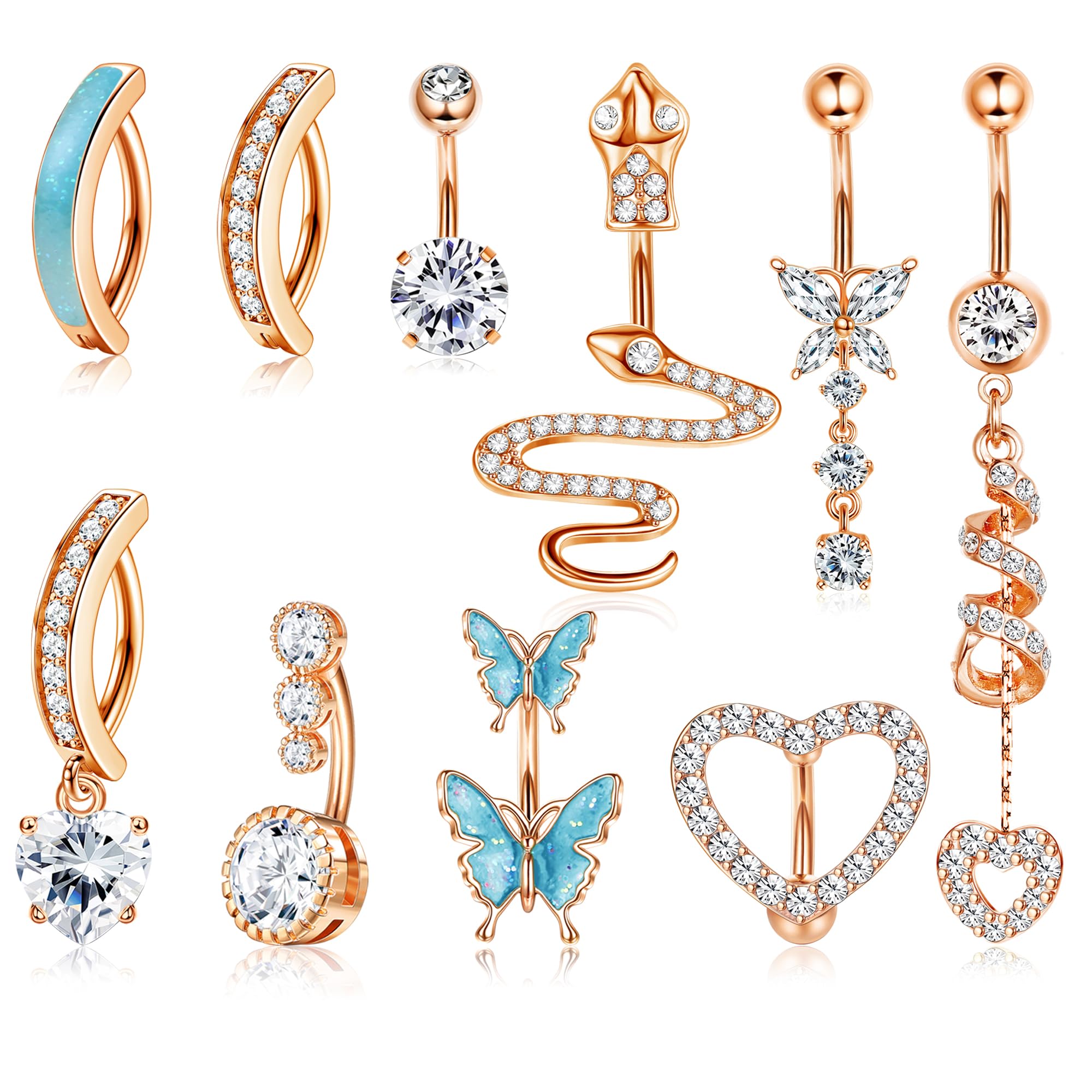 LOLIAS 10 Unids 14G Anillos Ombligo para Mujer Barra Ombligo Acero Inoxidable Corazón Serpiente Mariposa CZ Piercing Ombligo Colgante Barbells Piercing Joyas 10MM