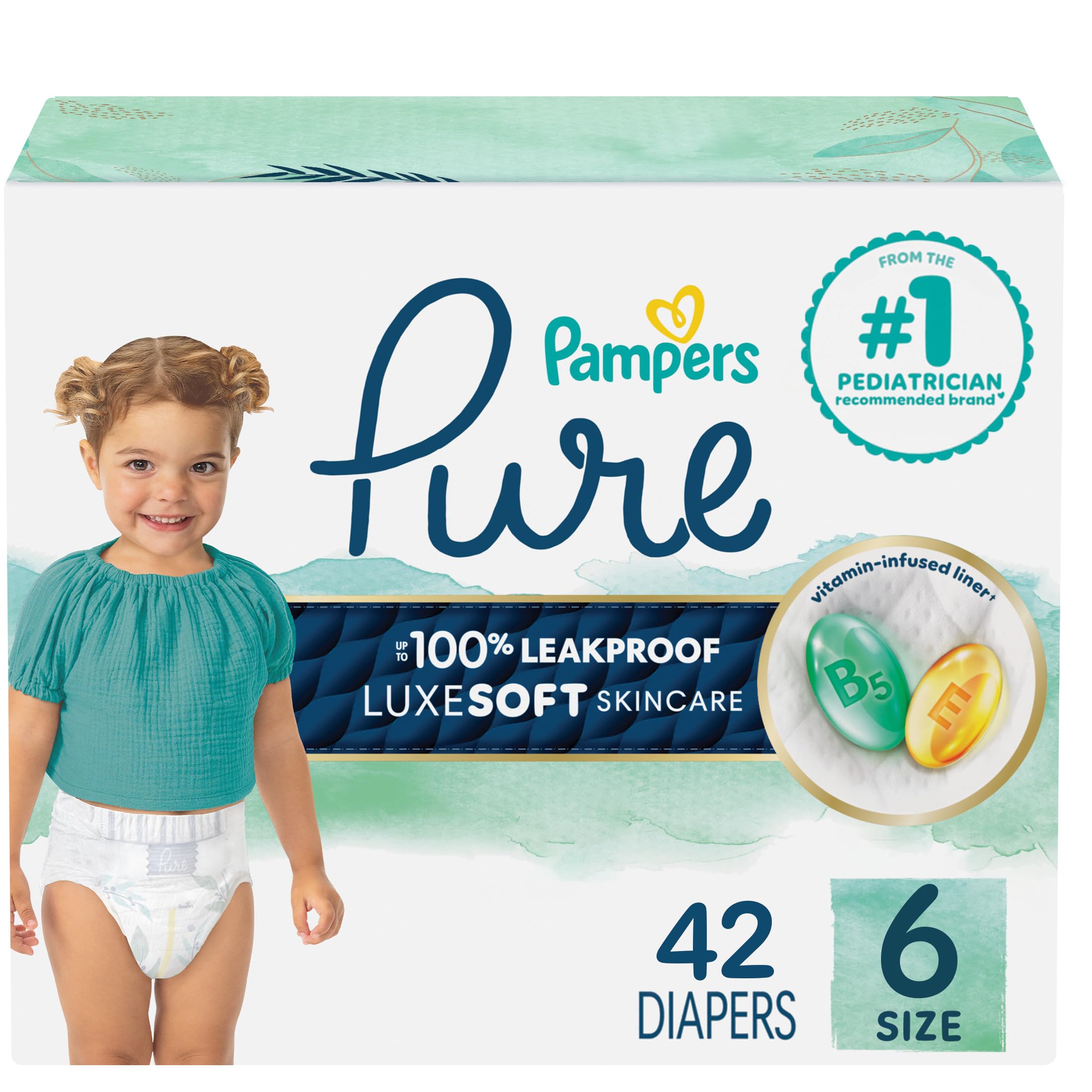 Pampers Pure Baby Diapers, Size 6, 42 Count, Up to 100% Leakproof, Premium Hypoallergenic Soft Diapers