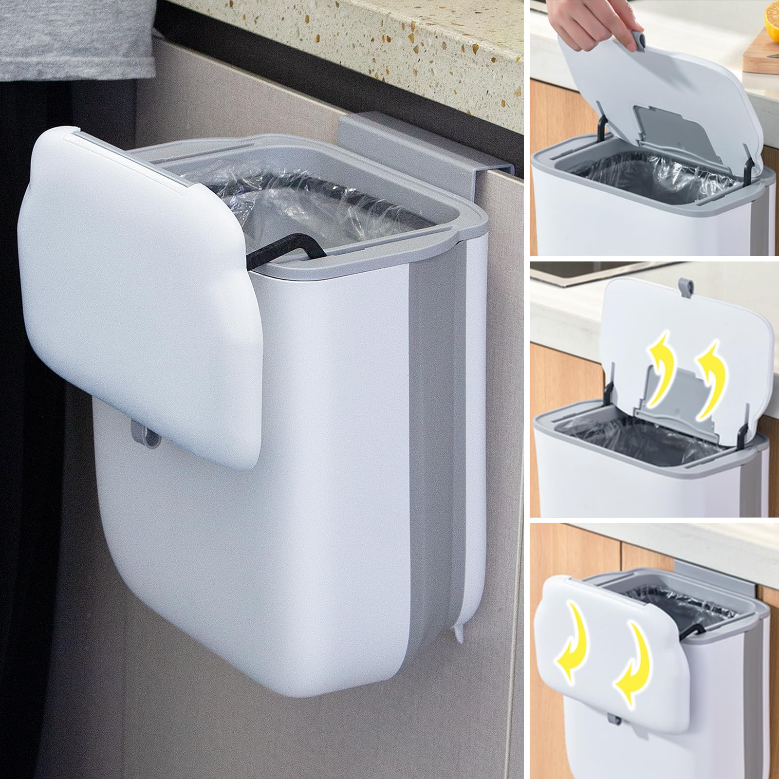 Soddeph 3.2 Gallon Foldable Hanging Trash Can with Lid for Cabinet Door,Kitchen Compost Bin,Wall-Mounted Plastic Garbage Can for Countertop or Under