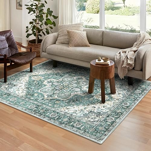 Anidaroel Alfombra oriental lavable de 5 x 7 pies, grande, color verde, alfombra suave de medallón floral vintage, alfombra de pelo bajo
