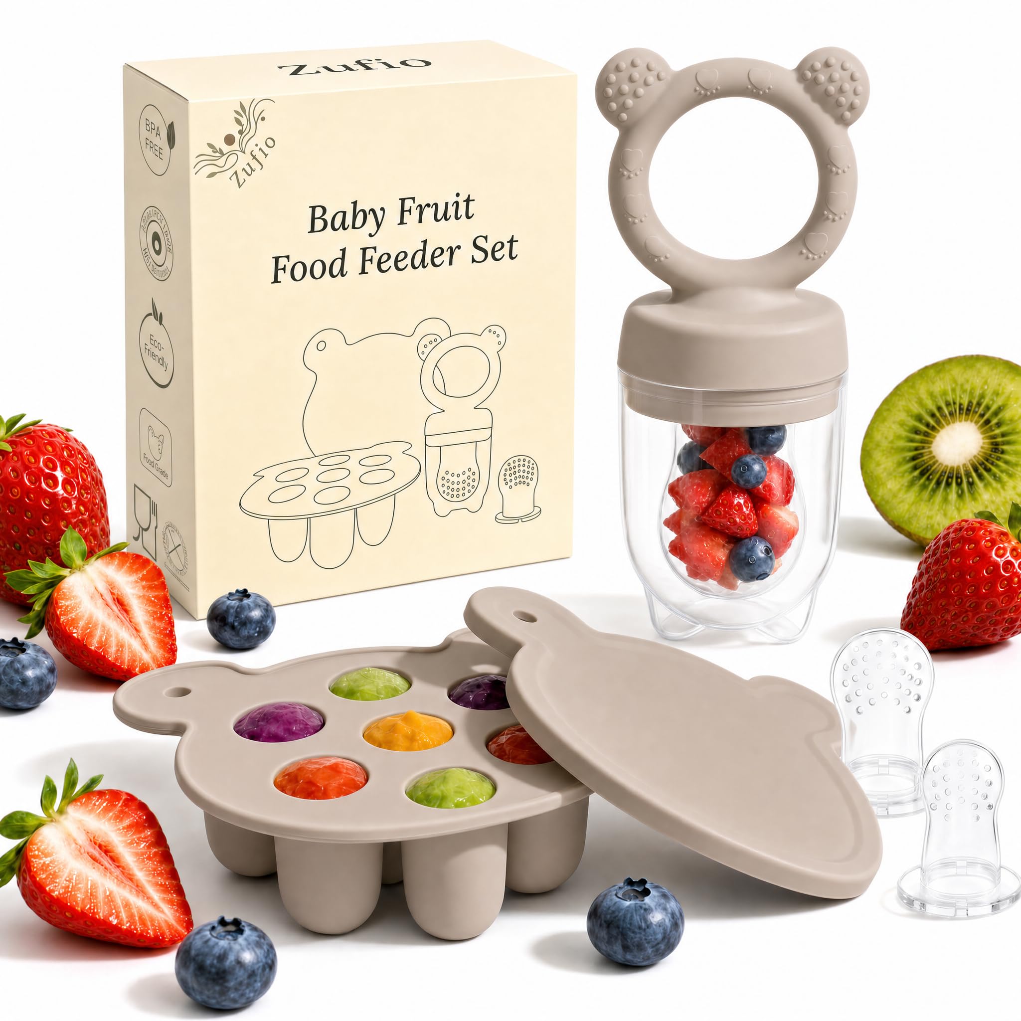 Baby Feeder Dummy for Teething, Fruit Pacifier, 3 Silicone Teat Sizes, Sand — image 1