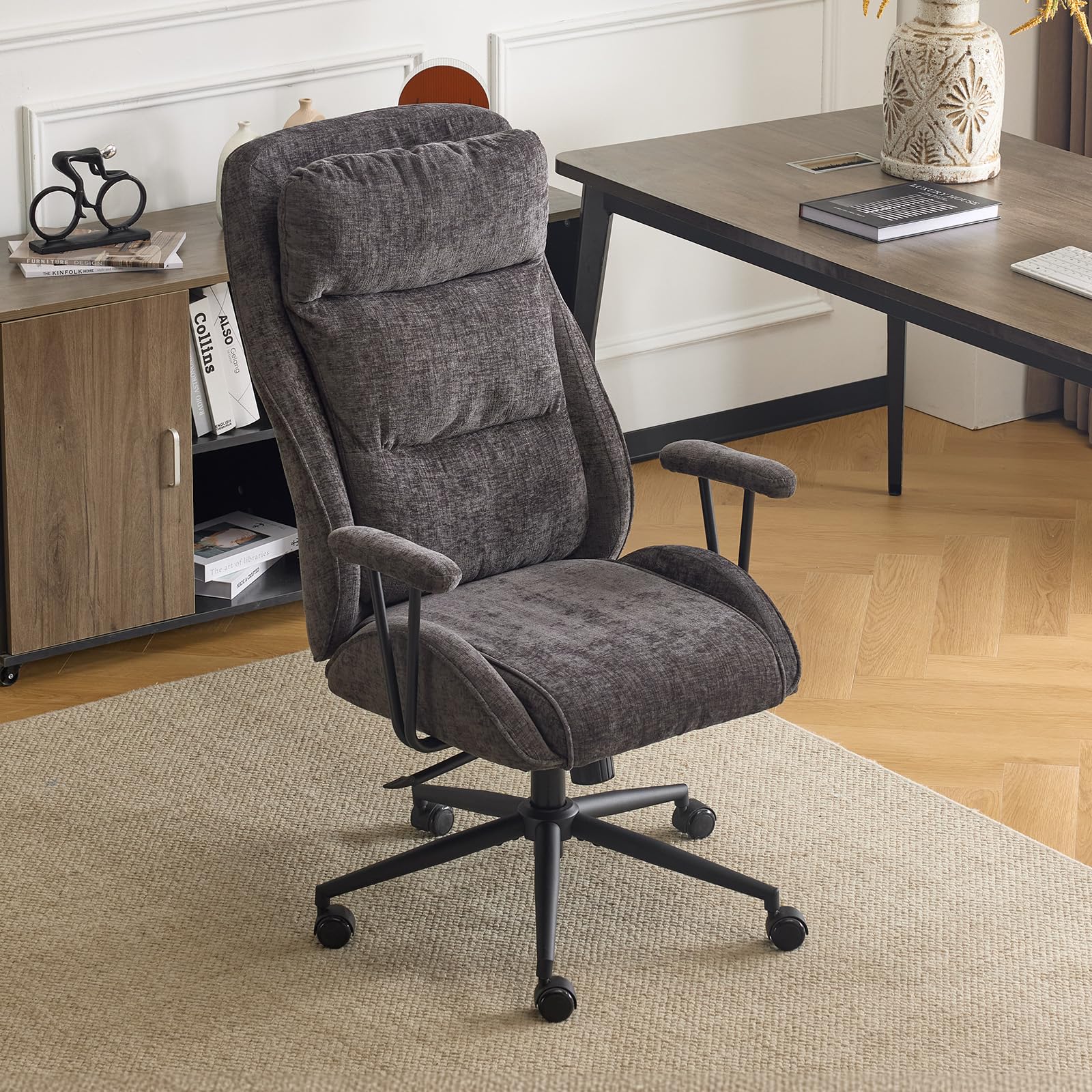 Bonnlo Executive Ergonomic Fabric Office Chair with Recline, High-Back Desk Chair with Adjustable Base & Padded Back, Comfy Chair for Game, Home Small Space, Study Room, Office Chenille Grey
