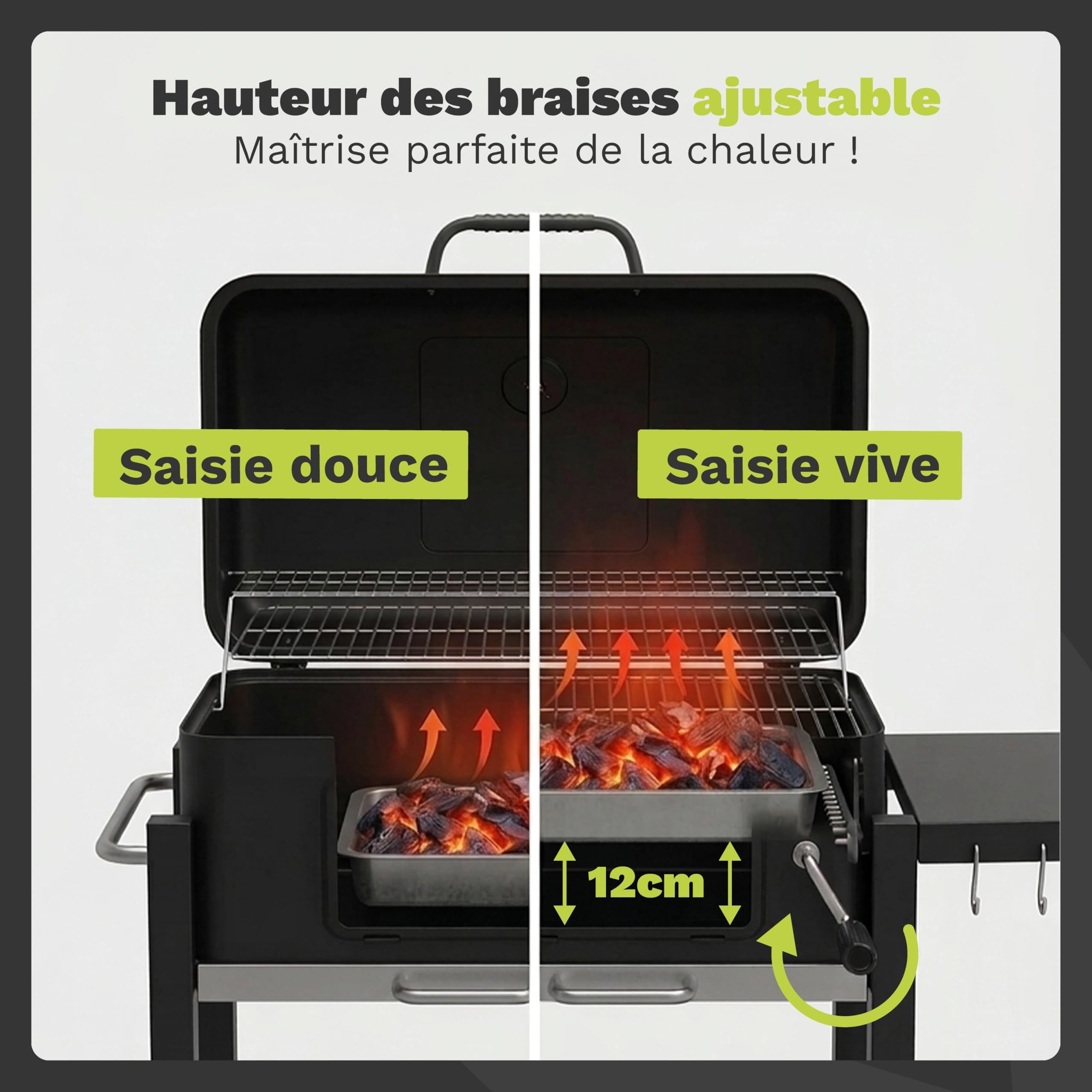 Barbecue Charbon de Bois avec Couvercle | Hauteur de Braise Ajustable | Grille de Cuisson XL 54x43 cm | 2 Tablettes Latérales Rabattables | Ustensiles Offerts | Récupérateur de Cendres
