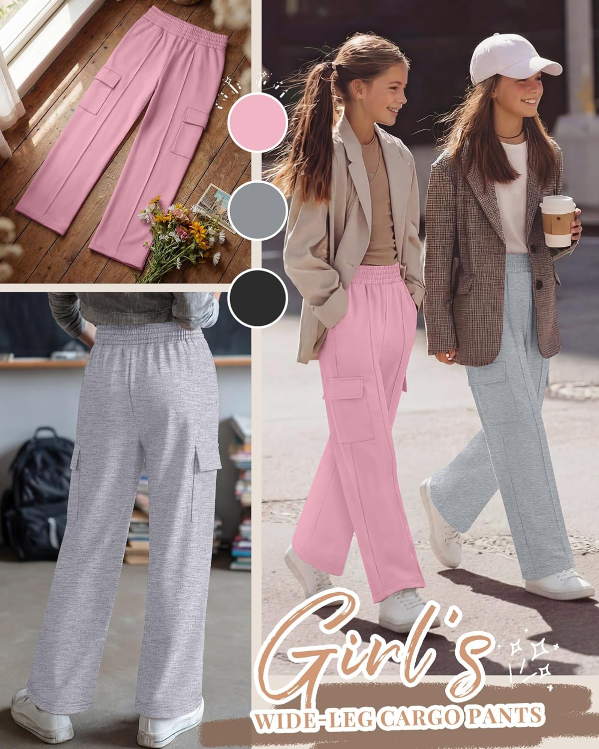 3 Pack Girls Wide Leg Sweatpants Cargo Pants High Waisted Baggy Causal Loose Kids Elastic Waistband Pants Joggers - Image 3