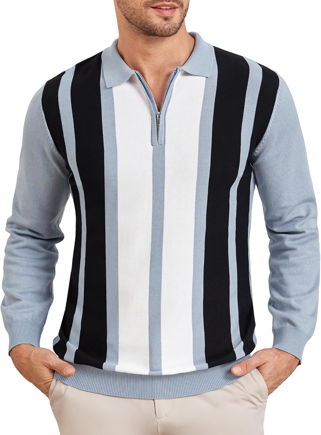 EDITCOZY Mens Knit Polo Shirts Vintage Striped Long Sleeve Quarter Zip Polo Sweater Pullover Shirts Golf Shirts
