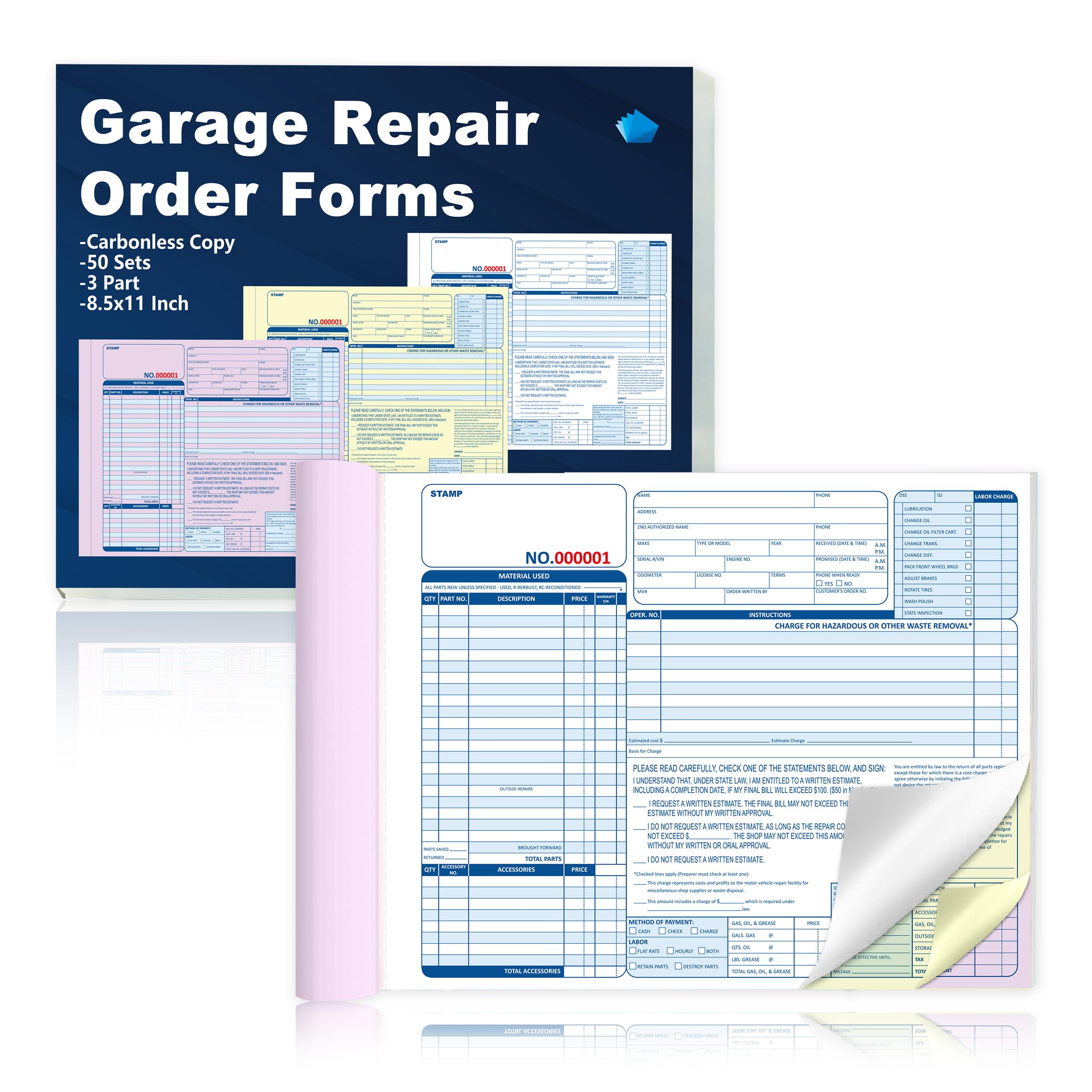 Photo 1 of 100 Sets 3 Part Auto Repair Order Forms 8.5x11 Inch Garage Repair Order Forms Carbonless Duplicate for Auto Repair Shops and Independent Mechanics (2)