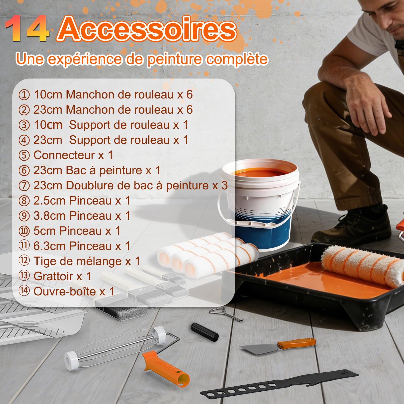 SISUPASSIE Kit de 27 pièces rouleau peinture, comprenant rouleau a enduire de 23 cm et 10 cm, pinceaux peinture, bac peinture et un manche télescopique de 0,3 à 1,3 m, pour murs, plafonds et portes