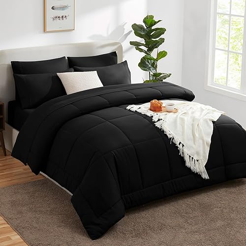 Miniatura 8 de CozyLux Juego de edredón tamaño Queen negro, 7 piezas de cama en una bolsa, edredón negro tamaño Queen, juegos de ropa de cama para todas las