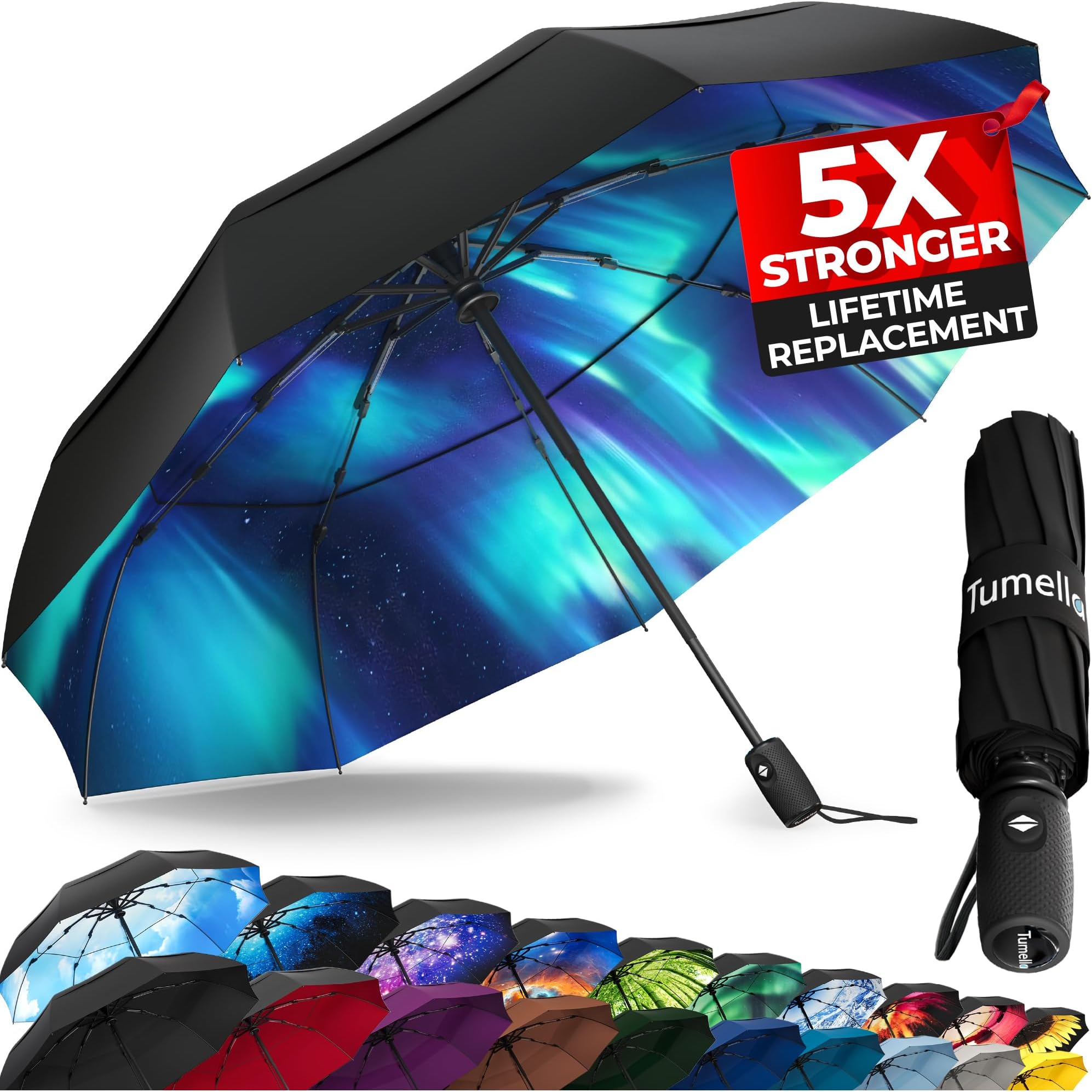 TUMELLA Strongest Windproof Travel Umbrella (Compact, Superior & Beautiful), Small Strong but Light Portable and Automatic Folding Rain Umbrella, Durable Premium Grip, Fits Car & Backpack