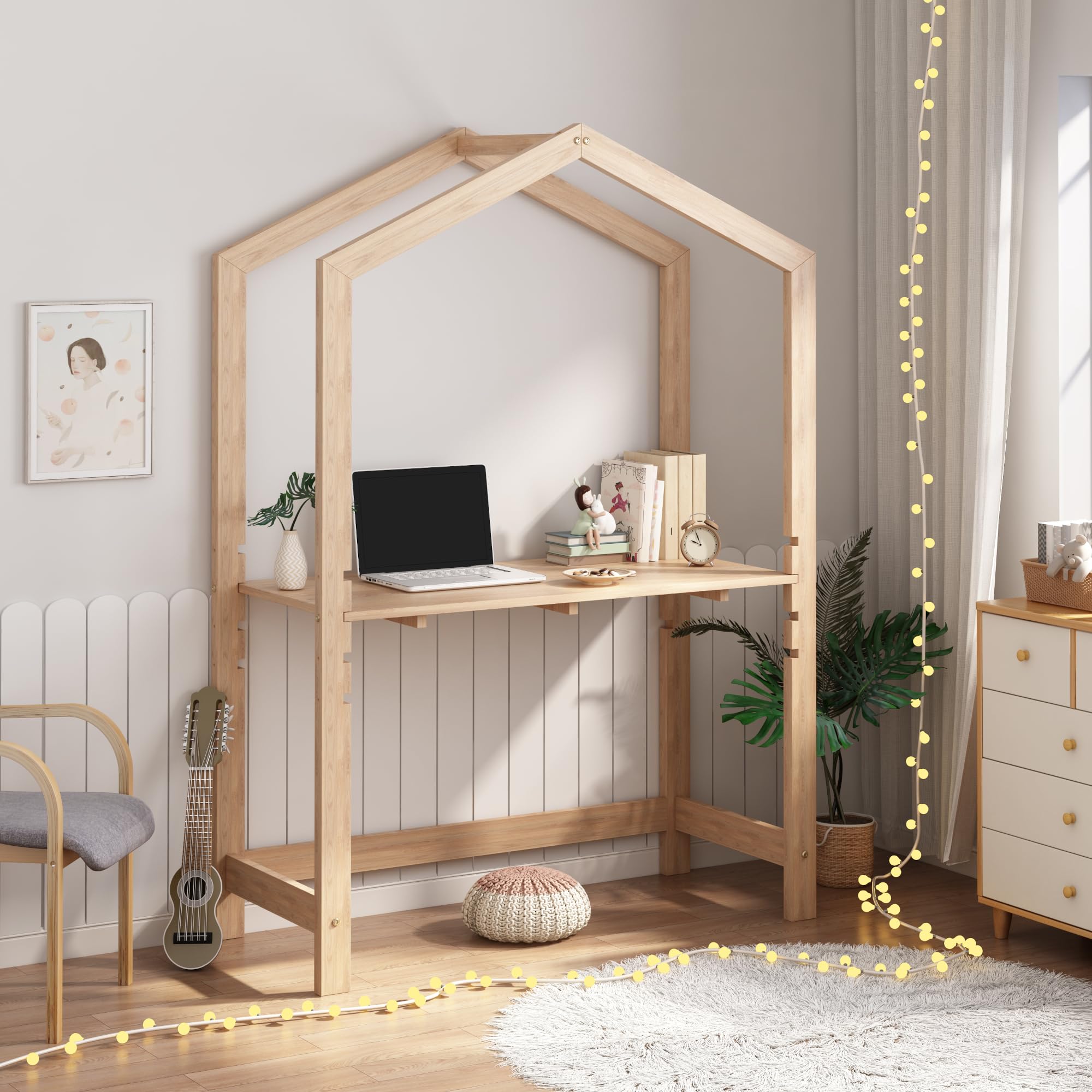 [en.​casa] Scrivania per Cameretta Tavolo per Bambini Struttura in Legno di Pino a Forma di Casetta con Piano Tavolo Regolabile in Altezza 160 x 110 x 50 cm - color Naturale
