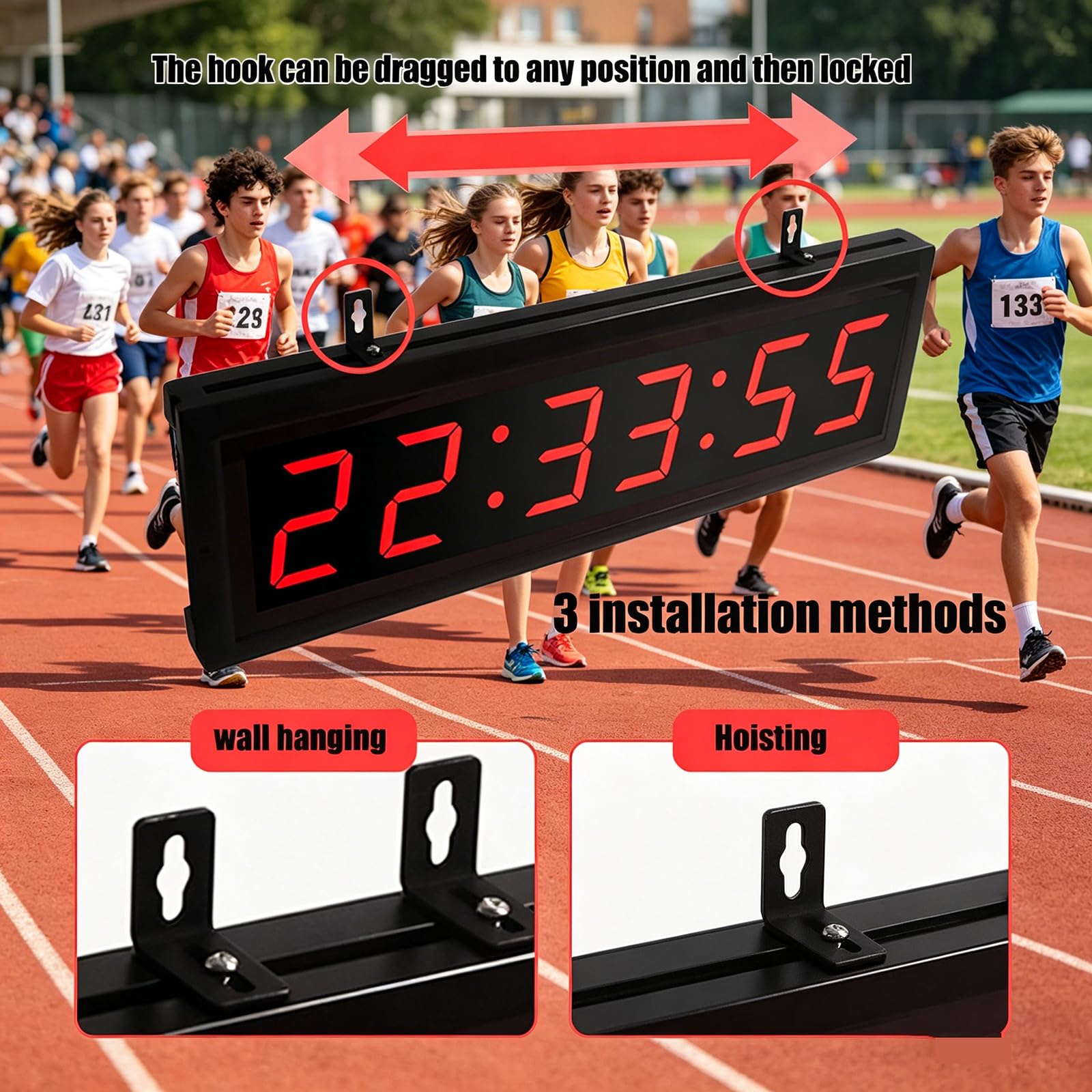 Reloj Pared Digital, Temporizador Doble Cara 3,8 Cm (1,5 Pulgadas) con Trípode/Control Remoto, 6 Modos Funcionamiento Principales, 3 Métodos Instalación, Eventos Carrera Competiciones Deportivas