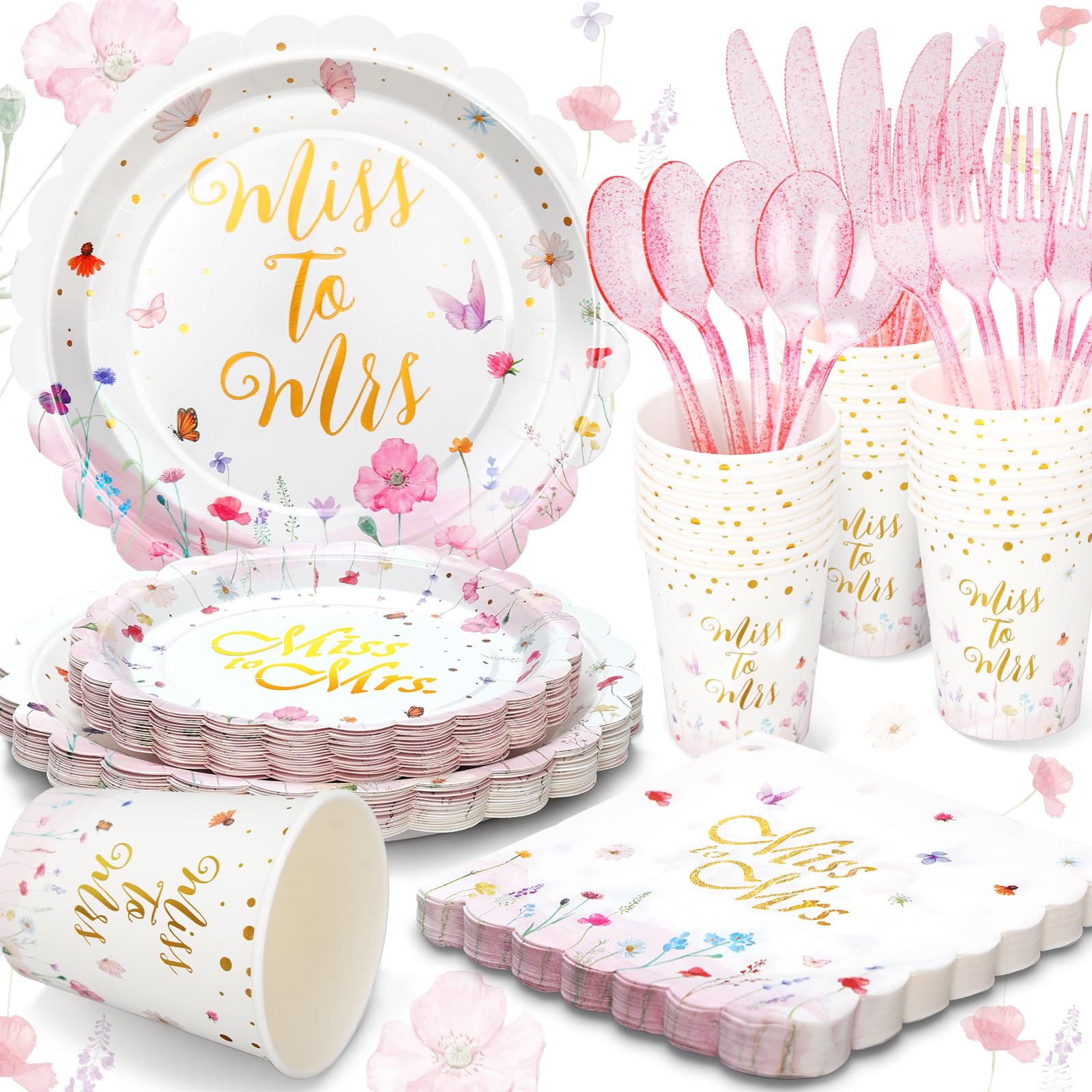 Gudvilla Wildflower Bridal Shower Decorations, Bridal Shower Plates and Napkins Sets 168Pcs, Miss to Mrs Wildflower Plates Serves 24, Love is In Bloom