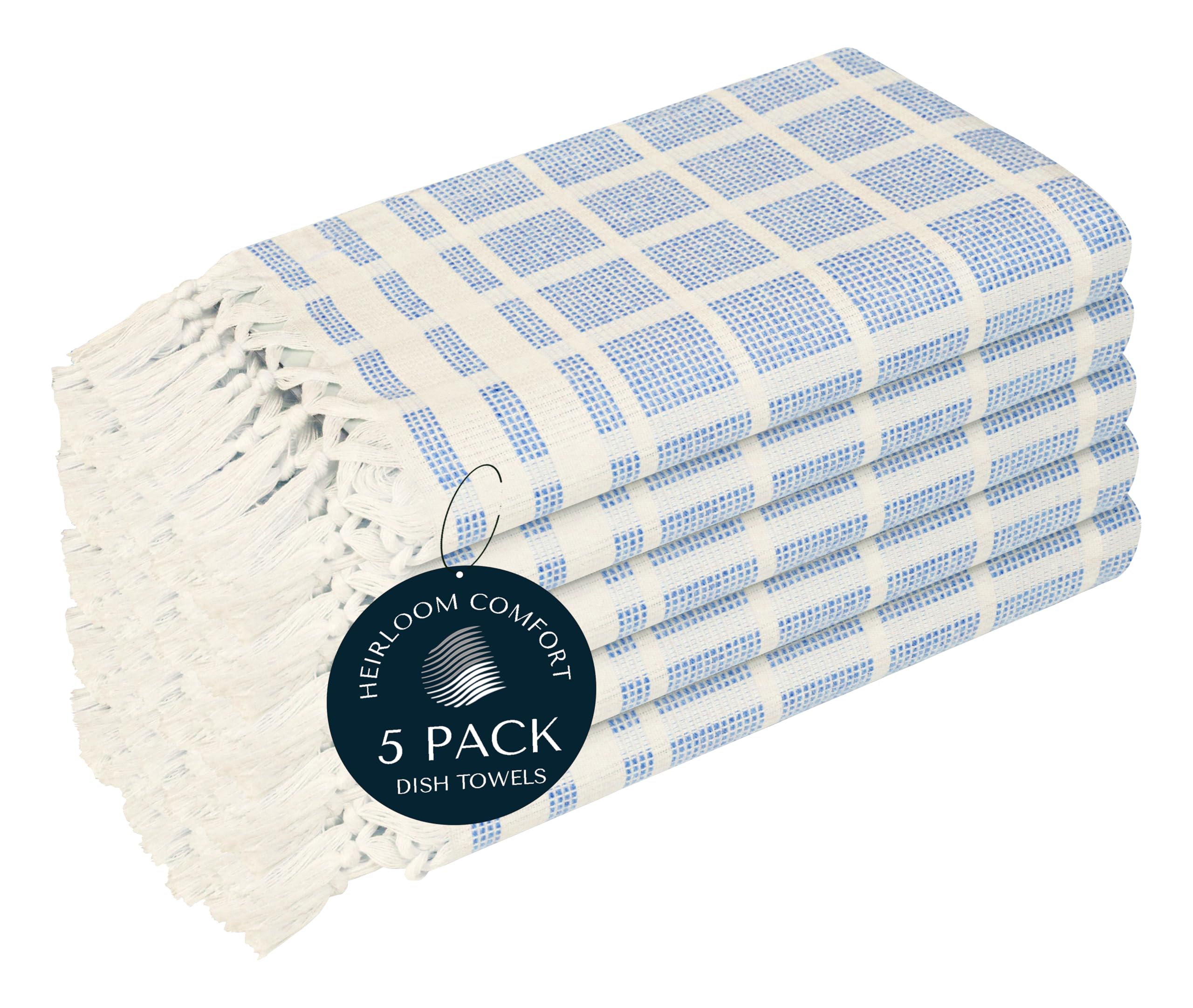 HEIRLOOM COMFORT Sky Blue and White Dotted Matrix Kitchen Towels 5 Pack, 100% Cotton, 40x66 cm, Tassel Edged Dish Towels, Reusable, Soft, Quick Drying, Great for Drying Dishes