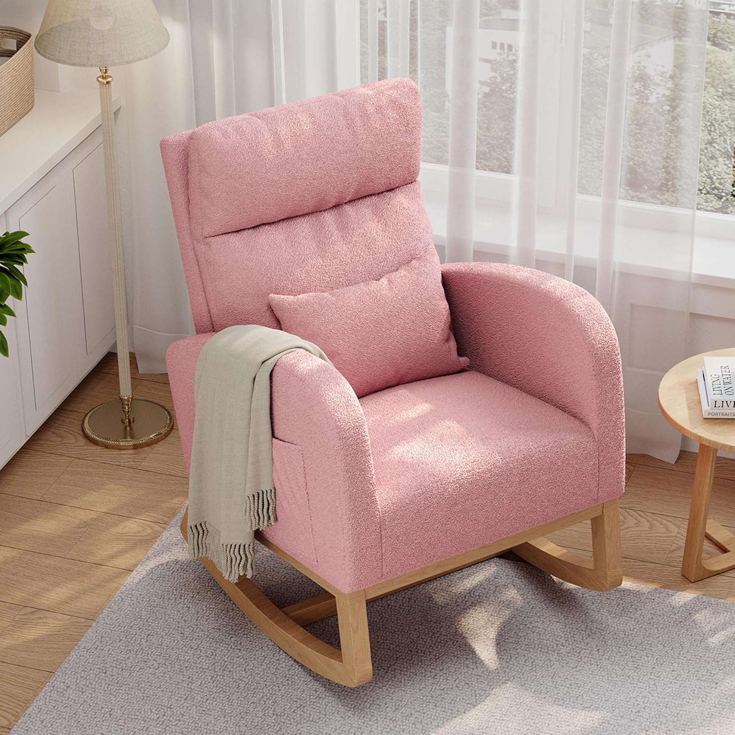 Garvee Rocking Chair, Teddy Fleece Glider Chair with Side Pockets, Nursery Chair with Pillow, Rocking Accent Armchair for Living Room Bedroom Nursing Room, Pink