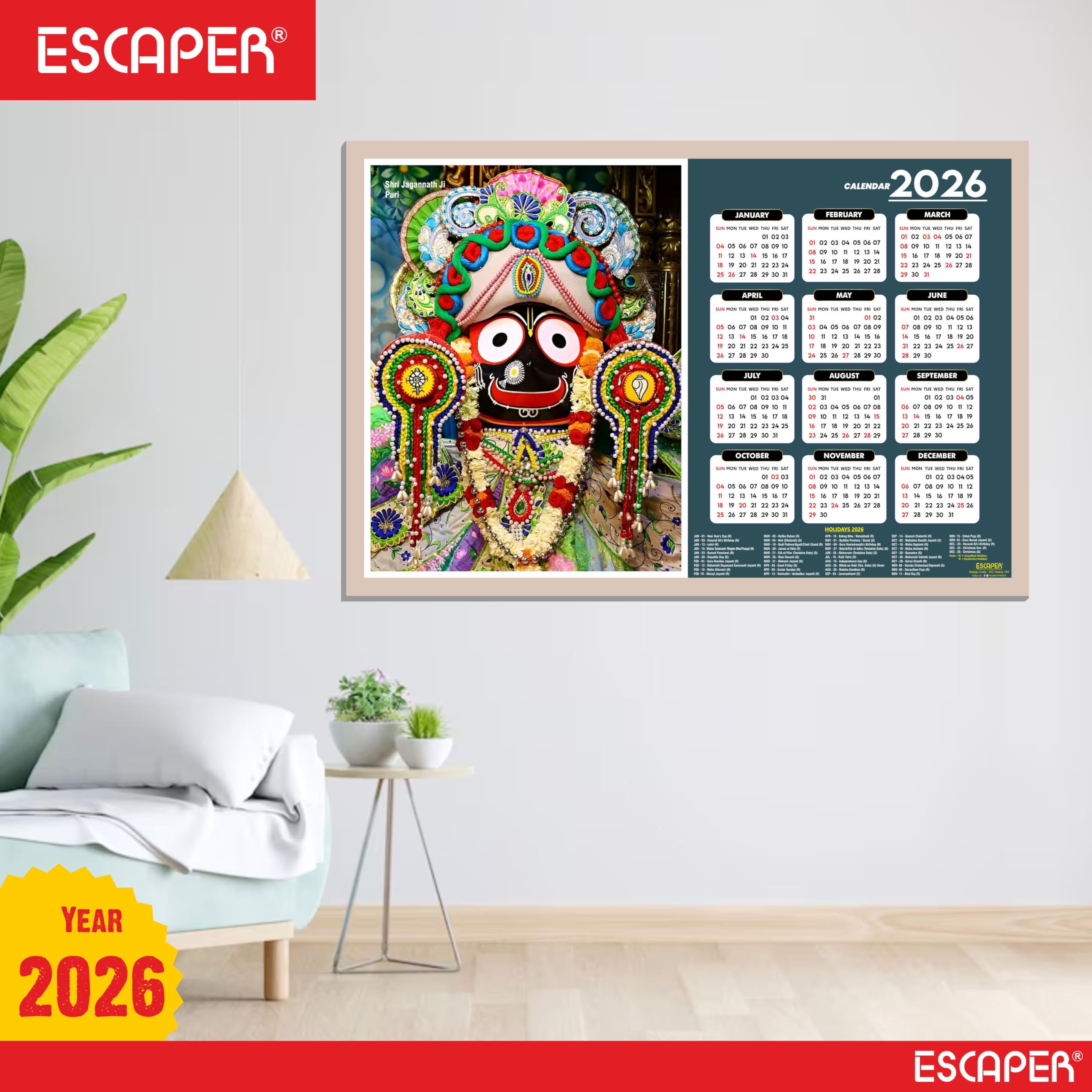 ESCAPER Jagannath Ji Wandkalender 2026 - 45 x 30 cm, Jagannath Tempel & Fotos, Hindu-Gott Religiöser Wandkalender für Zuhause, Büro & Pooja Zimmer