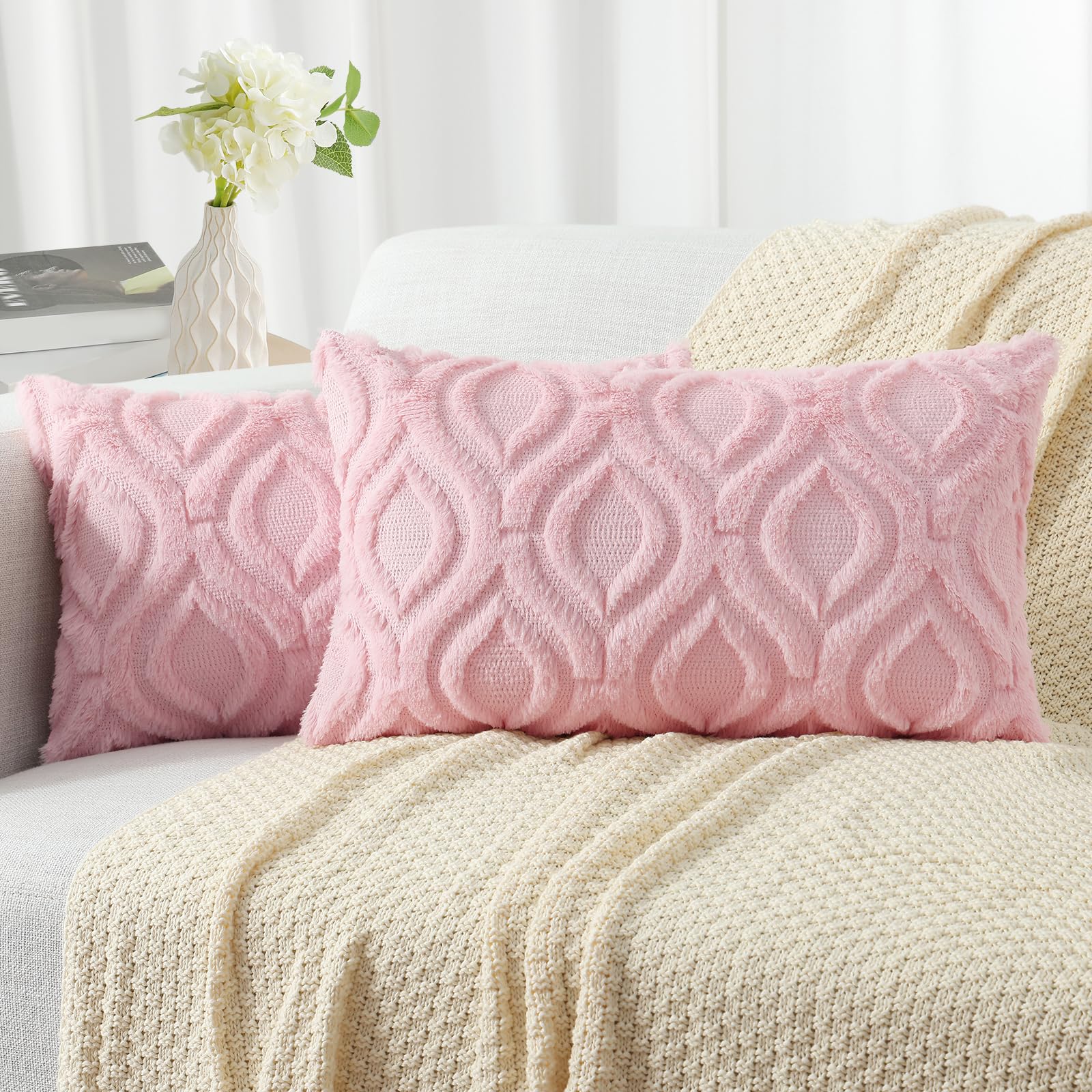 decorUhome Faux Fur Plush Light Pink Throw Pillow Covers 12x20 Set of 2