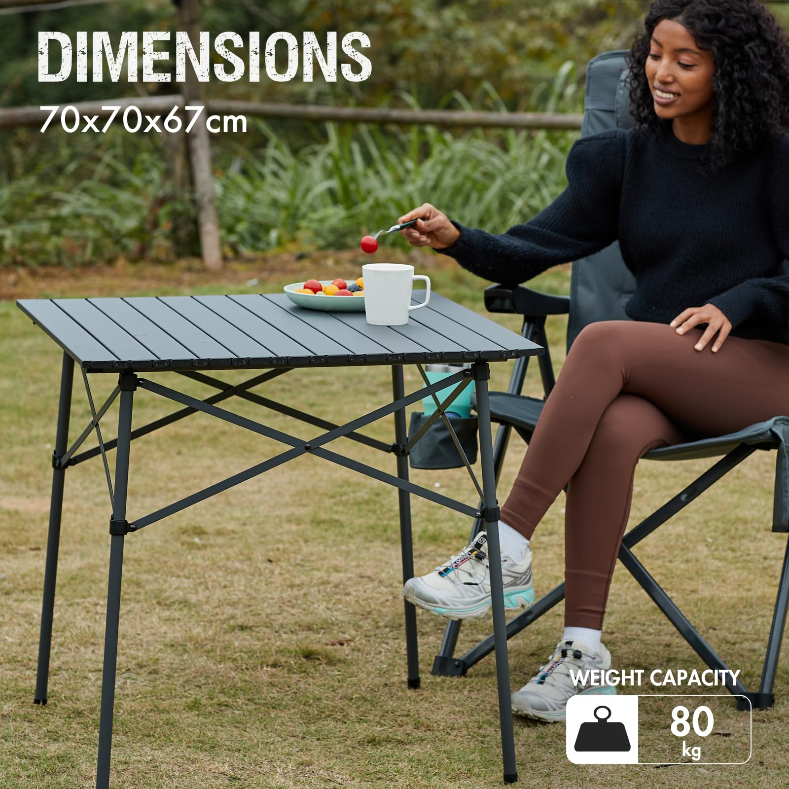 Portal, tavolo da campeggio pieghevole in alluminio 70x70 cm, quadrato, con piano avvolgibile, compatto, per 4 persone, tavolo da giardino con borsa da trasporto per picnic, campeggio, barbecue in