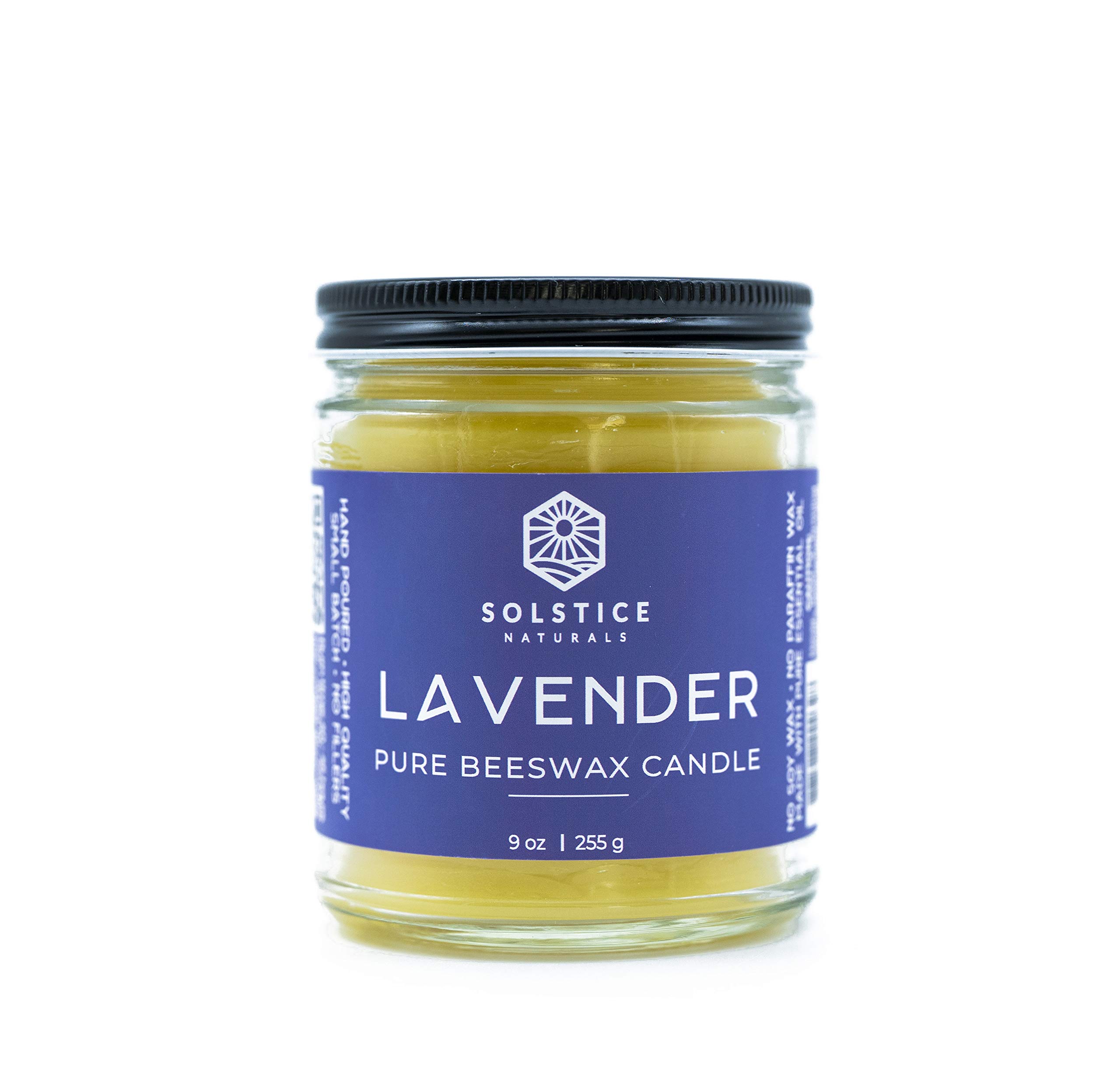 Solstice Naturals Lavender 100% Pure Beeswax Aromatherapy Candle - Naturally Scented with Essential Oil, 9 oz - Handmade - No Soy Wax, No Paraffin Wax, No Synthetic Scents, No Fillers