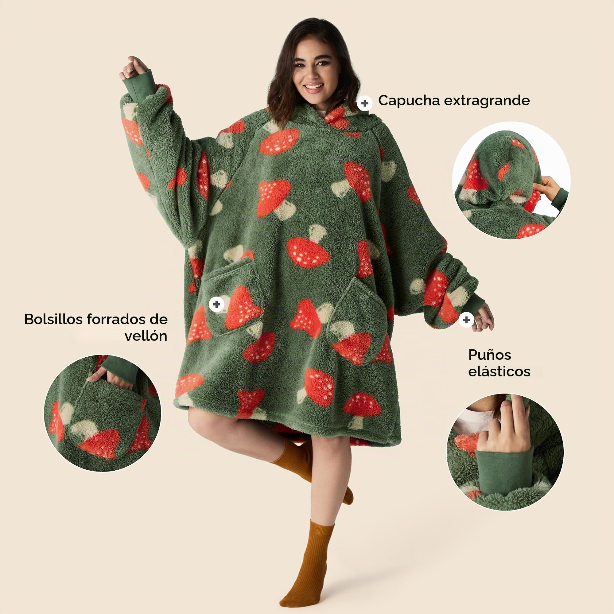 BEDSURE Manta con capucha con mangas, suéter de peluche como regalo para mujeres, manta portátil de gran tamaño, manta con mangas, regalo para hombre y mujer, diseño de seta impresa, 107 x 90 cm