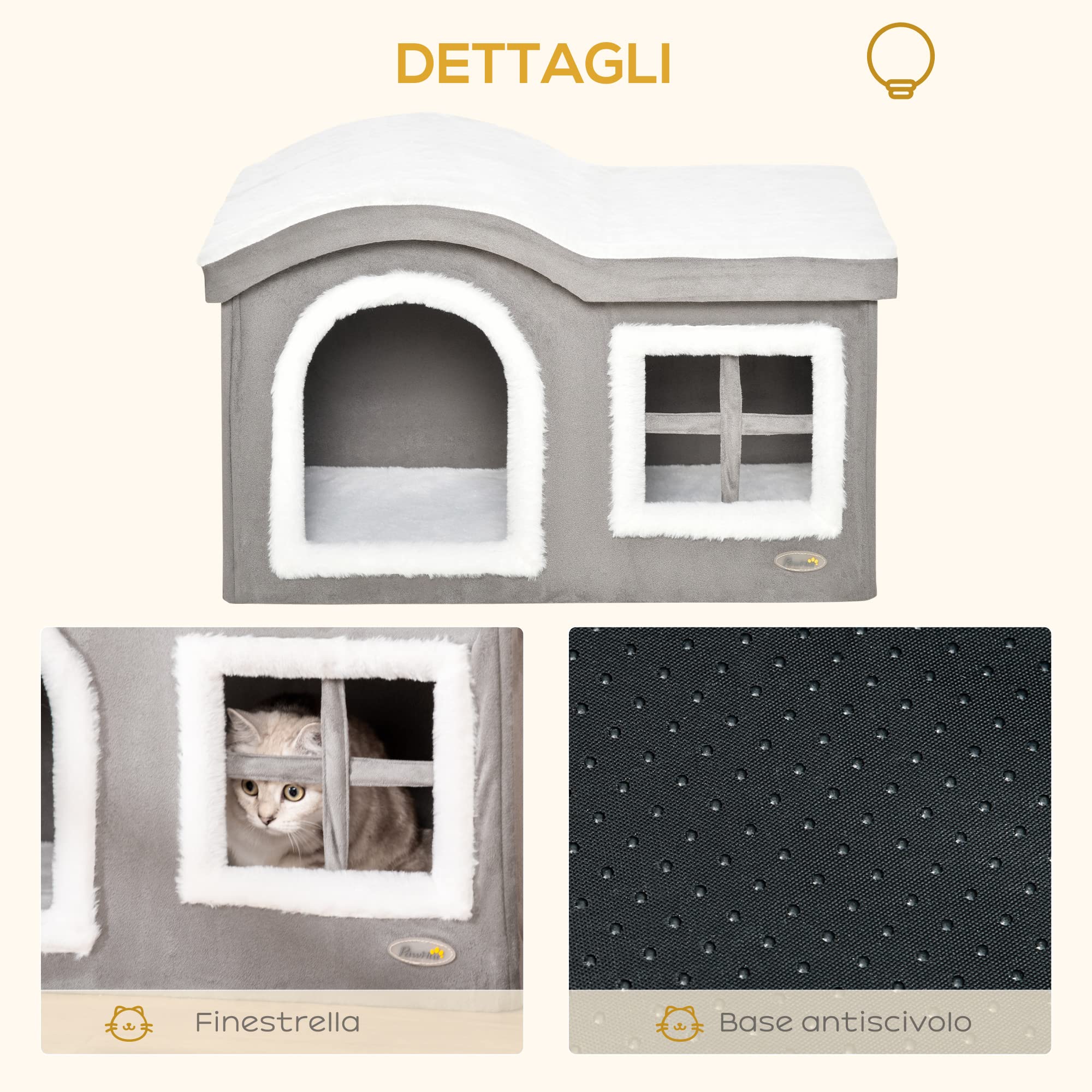 Pawhut Casetta per Gatti da Interno con 2 Entrate e Finestra, Cuscino e Base Antiscivolo, 63.5x37x40cm, Grigio