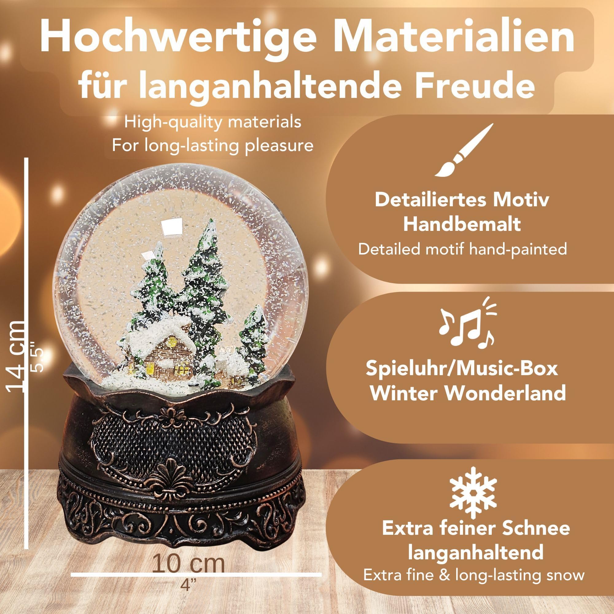20324 Boule à neige Cabane de montagne Cabane d'hiver avec socle en cuivre antique Boîte à musique Diamètre 100 mm