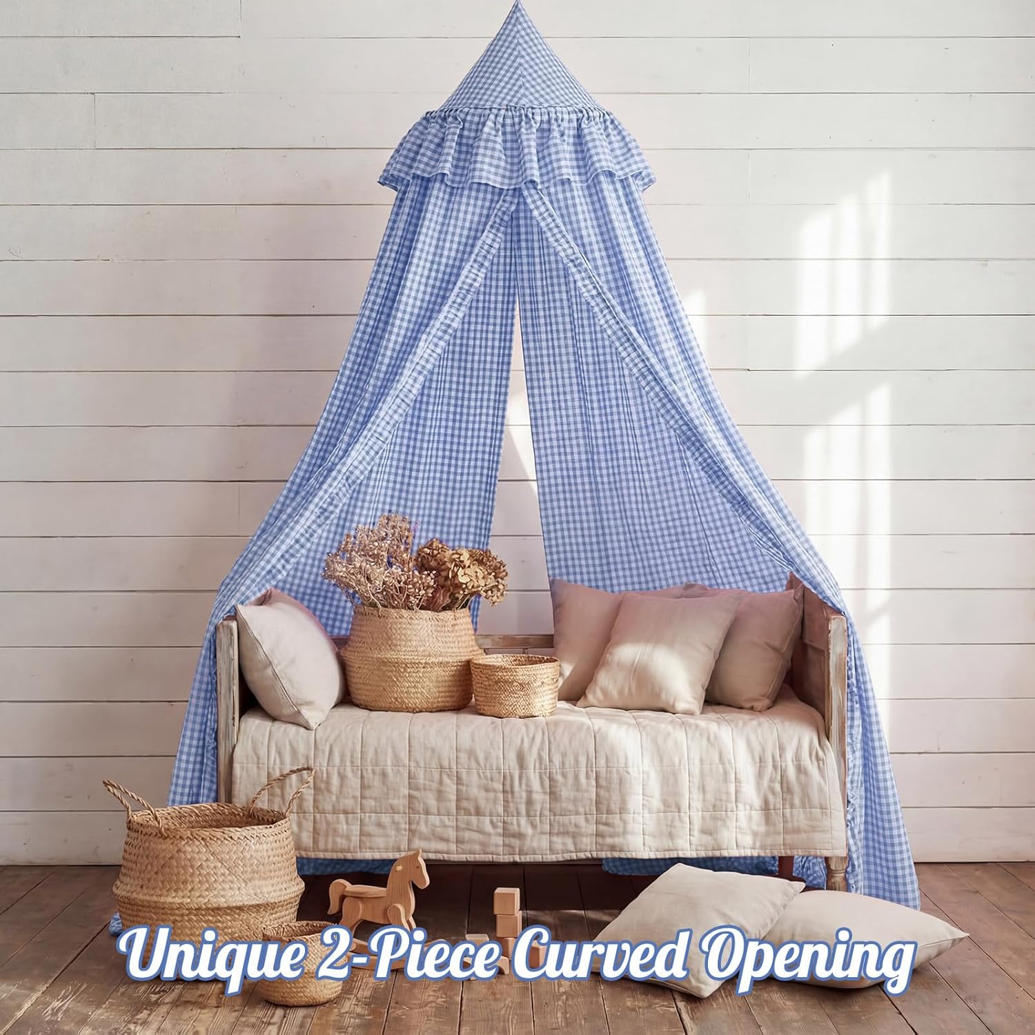 SmoothNovelty Gingham Plaid Bed Canopy with Ruffles Soft Vintage Style Decorative Tent for Reading Nook Play Area or Adult Bedroom Circus Tent Canopy(Blue)