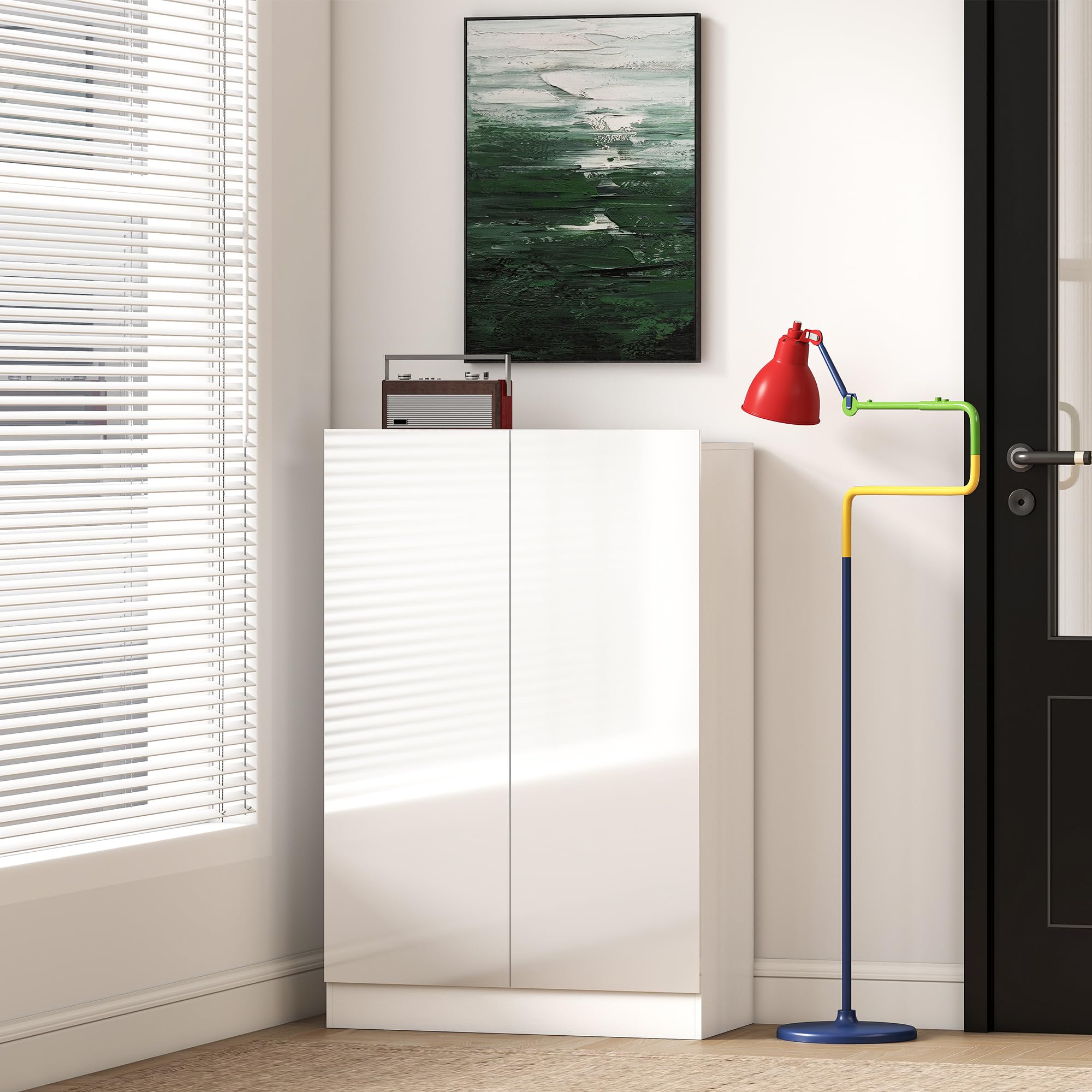HOMCOM Szafka na buty reg. półkami, drzwi błyszczące, 72x34,5x103cm, Biały | Regał na buty, otwory wentylacyjne, przechowywanie butów z funkcją soft-close, komoda na buty, na 15–20 par butów, Biały