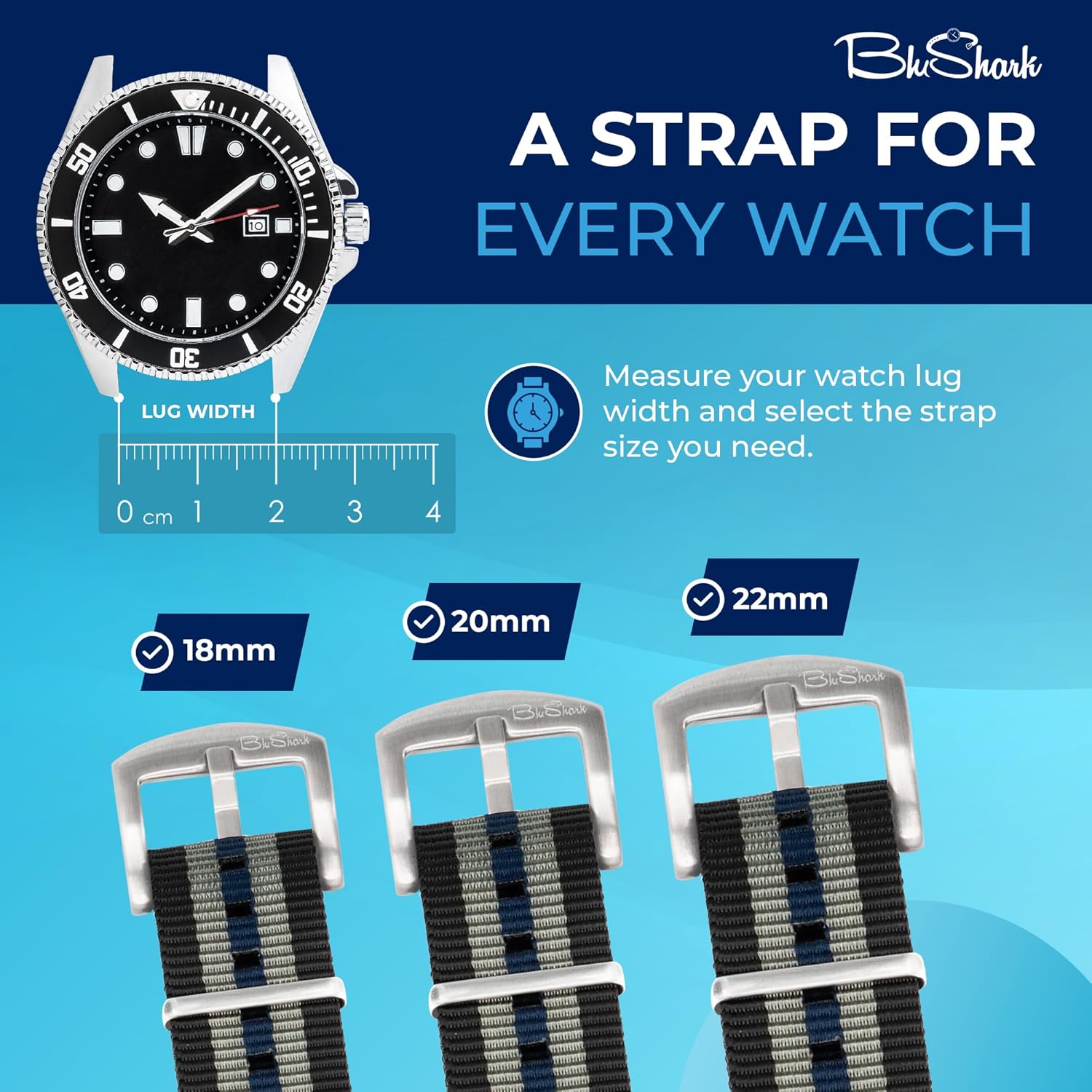 BluShark, Original Collection Military-Style Waterproof Watch Strap, Fits All Timepiece Brands, Durable Nylon Wristwatch Accessories with Stainless Steel Buckle - 18mm, 20mm, 22mm & 24mm Watch Bands