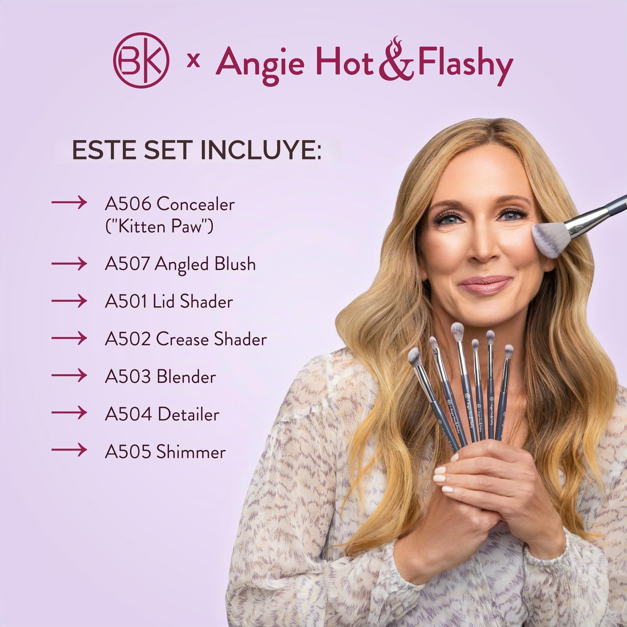 BK BEAUTY BRUSHES - ANGIE HOT & FLASHY - Juego de brochas de maquillaje (7 piezas) - Brochas de maquillaje para bases líquidas o en crema - Corrector debajo de los ojos | Brocha de maquillaje