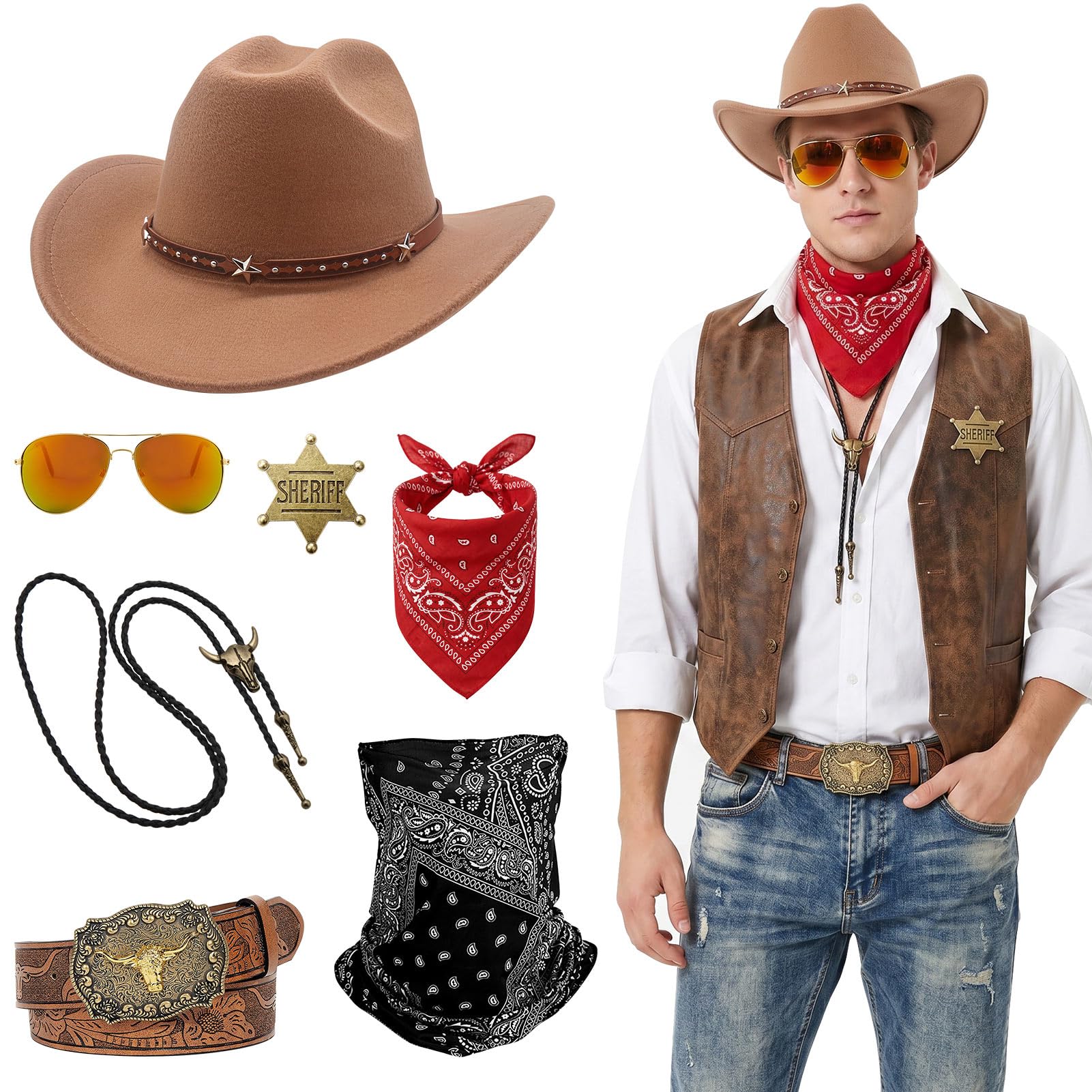 Crittygo 7Pcs Western Cowboy Accessories, Men Cowboy Outfit Kit with Hat Bandana Glasses Necklace Belt Sheriff Badge, Cowboys Fancy Dress for Western Theme Party Halloween — image 1