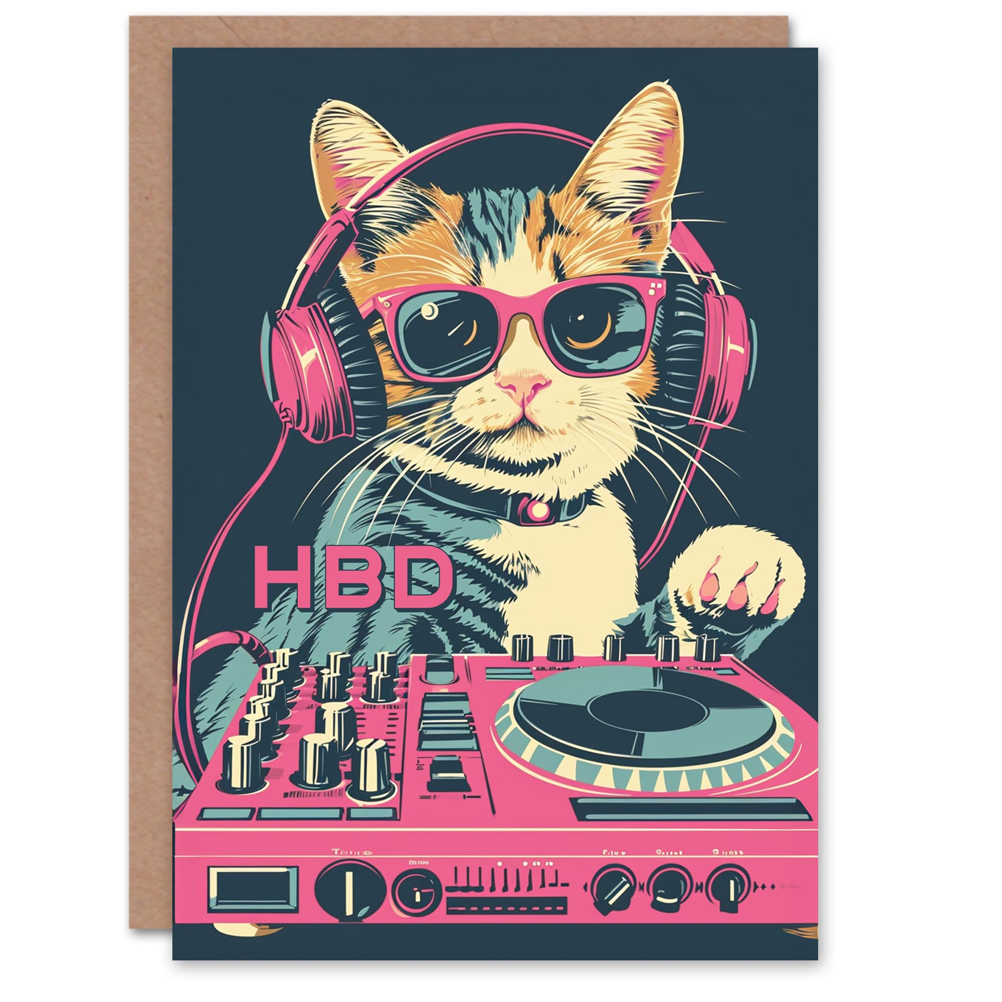 Artery8 Birthday Card Cat Lover DJ Decks Kitty Pink Blue HBD Design For Her Gran Sister Niece Daughter Wife Woman Greeting Card