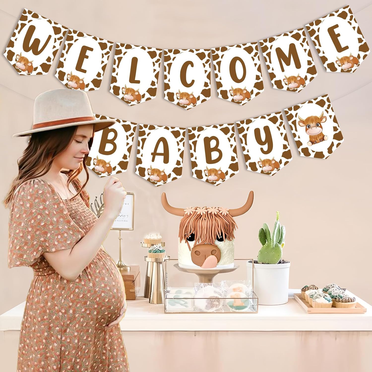 Highland Cow Welcome Baby Banner for Boy or Girl - Cartoon Highland Cow Baby Shower Decorations, Pre-strung Highland Cattle Holy Cow Theme Supplies for Pregnancy Newborn Party