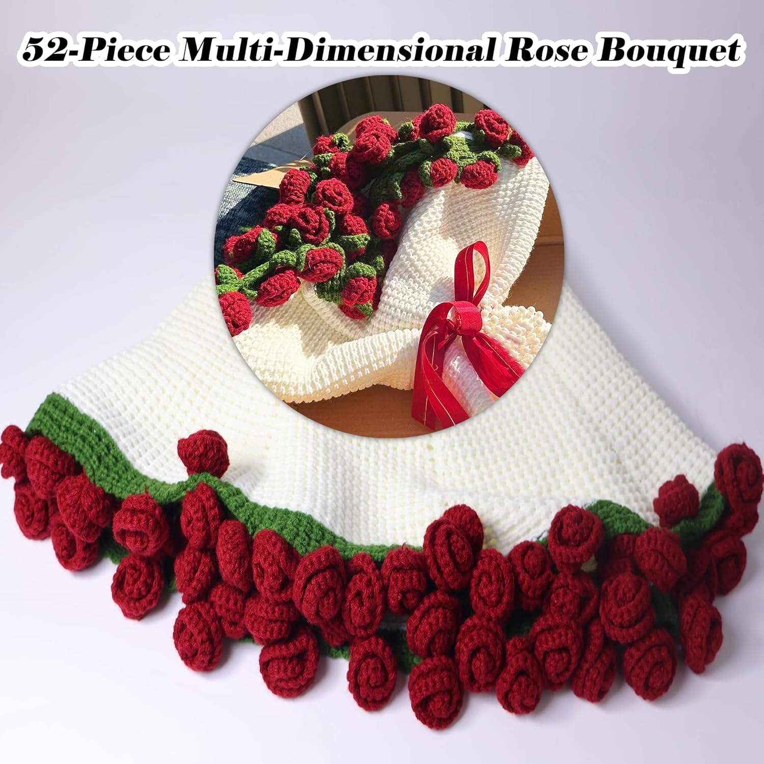 Yarniss Crochet Rose Bouquet Blanket 49"x49",Handmade Rose Crochet Throw Blanket,Romantic Gift for Girlfriend,Mother’s Day Valentine Wedding Anniversary Birthday,Finished