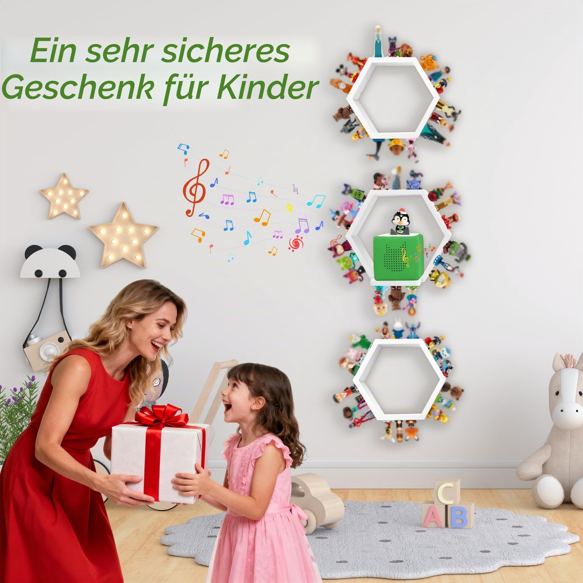 Sechseckiges Magnet Toniebox Regal, Wandregale zum Aufbewahren und Präsentieren von Figuren, Kinderregal, Kinderzimmer, Wohnzimmer(Weiß)
