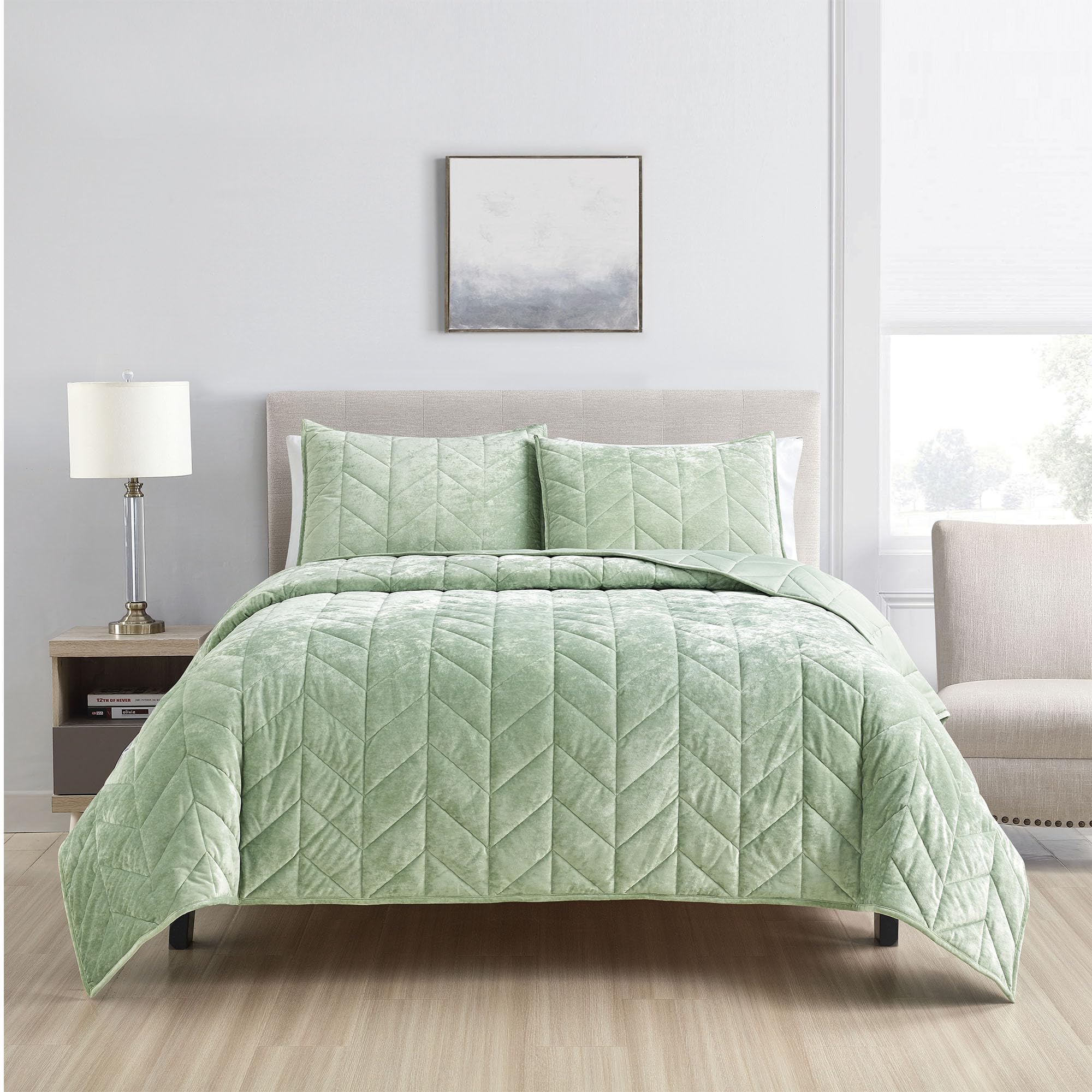 Queen Quilt Bedding Set - Luxury Velvet Summer Quilt Full/Queen- Sage Green Distressed Bedspreads Queen Size - All Season Bedding Coverlets with 2 Pillow Shams (90x92 Inches)