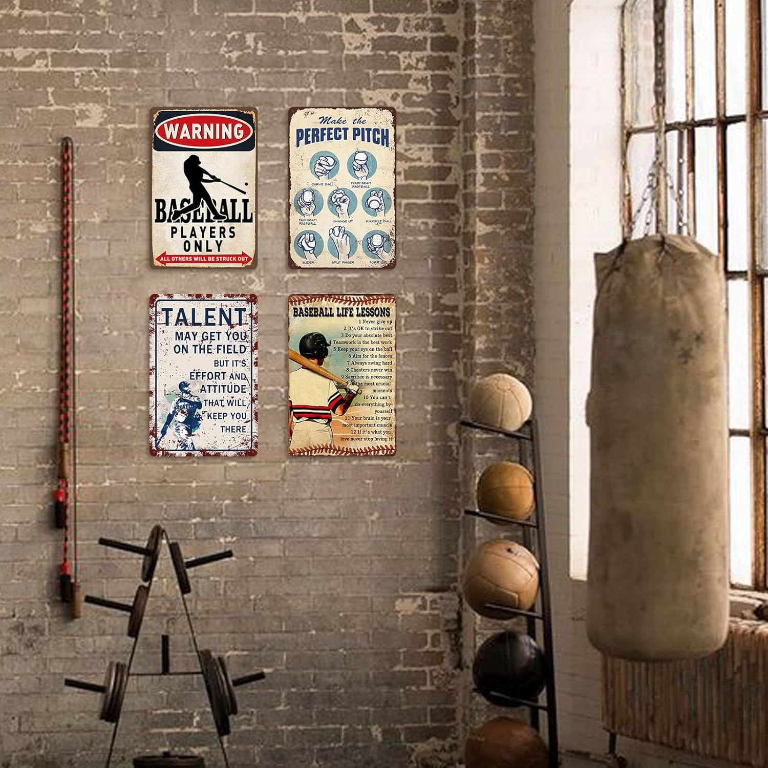 4 Pcs Baseball Metal Tin Signs Baseball Room Decor for Boys Vintage Sports Wall Art for Men Baseballs Player Poster Gifts for Boys 8-12 Baseballs Sign Accessories Decorations for Bedroom 12x8 Inch