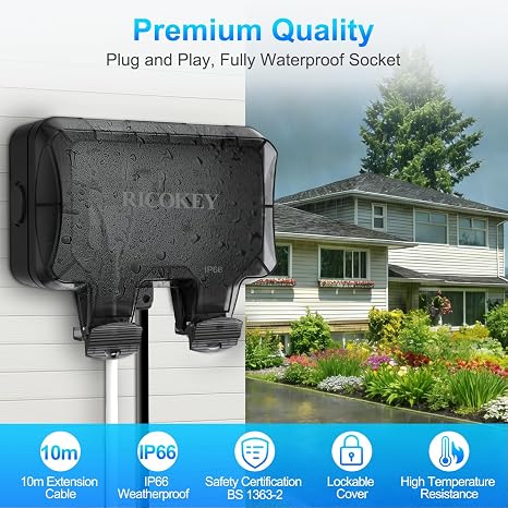 Double Outdoor Socket Waterproof 10M Extension Lead Weatherproof IP66 Outside Plug Socket Switched Wall Electrical Outlet, 13Amp 2 Gang External Storm Garden Power Socket Cover Box, Black