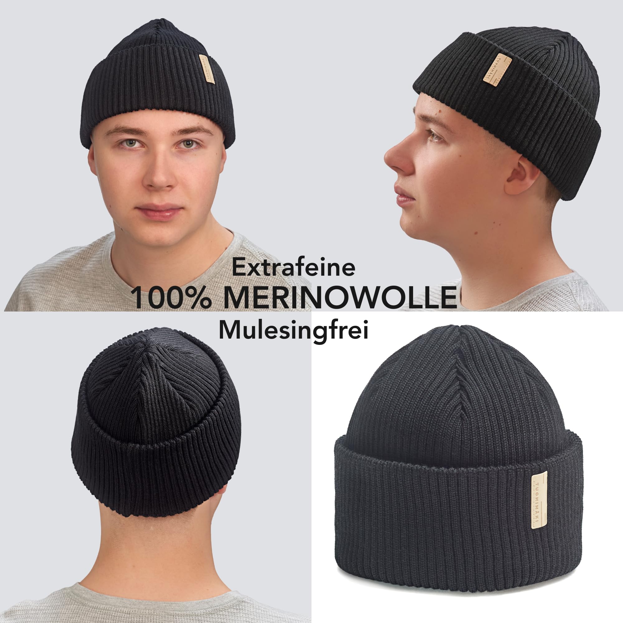 Fisherman Beanie für Herren und Damen, Merino Mütze aus 100% Merinowolle, Fischermütze Docker Mütze eng anliegend, temperaturregulierend, Made in Finland, Farben Schwarz, Rot, Beige