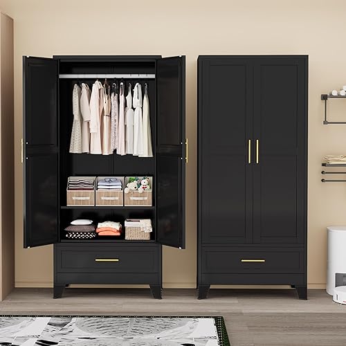 Armario de metal de 71 pulgadas de alto, estante ajustable, armario de metal para ropa para dormitorio (1 cajón, negro)