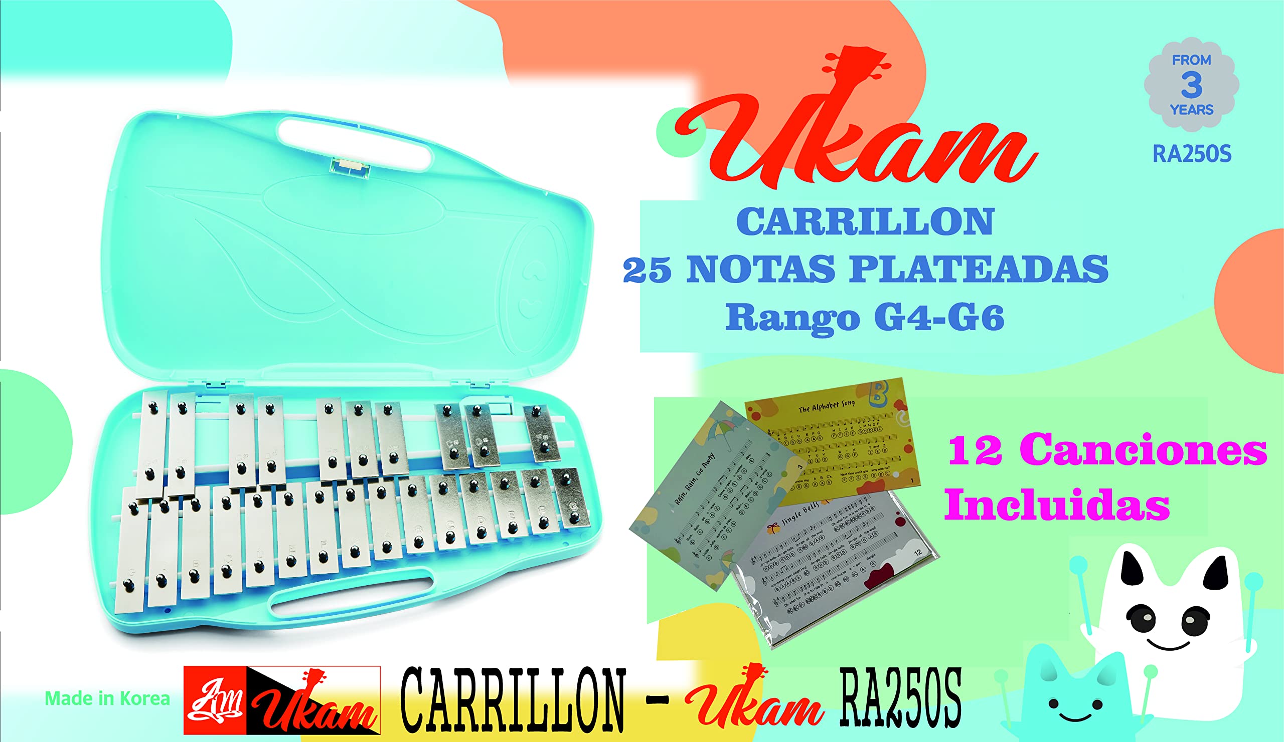 CARRILLON CROMATICO 25 NOTAS PLATEADAS UKAM mod.RA250S, Incluye 2 baquetas,Estuche Reforzado Azul. (Plateado)