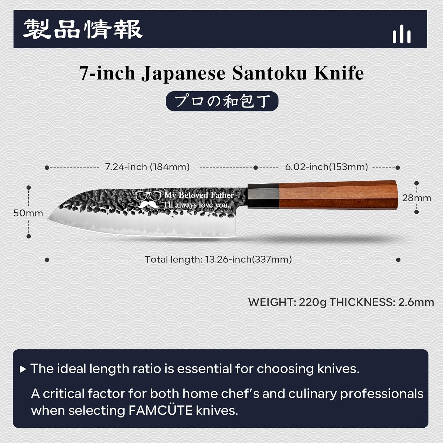 Customize Santoku Knife 7 inch, Hand Forged 3 Layers 9CR18MOV High Carbon Steel Professional Kitchen Knife - Wood Handle Japanese Sushi Knife Can Customizable Patterns and Copywriting for Gift
