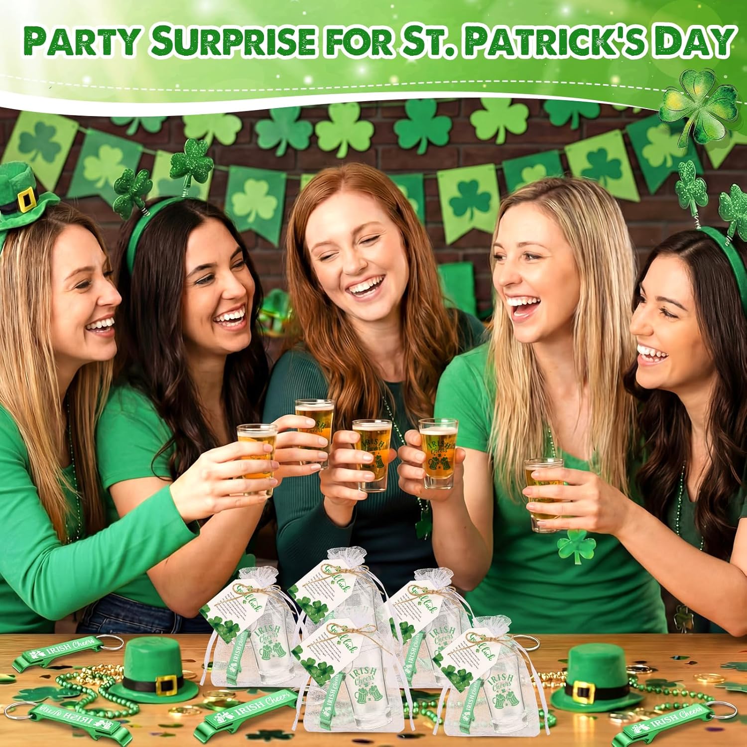 Roshtia 36 Sets St Patricks Day Gifts for Guests Bulk Irish Cheers Shot Glasses Bottle Opener Keychain with Good Luck Card and Organza Bag St Patricks Day Favors for Friend Coworker (Acrylic)