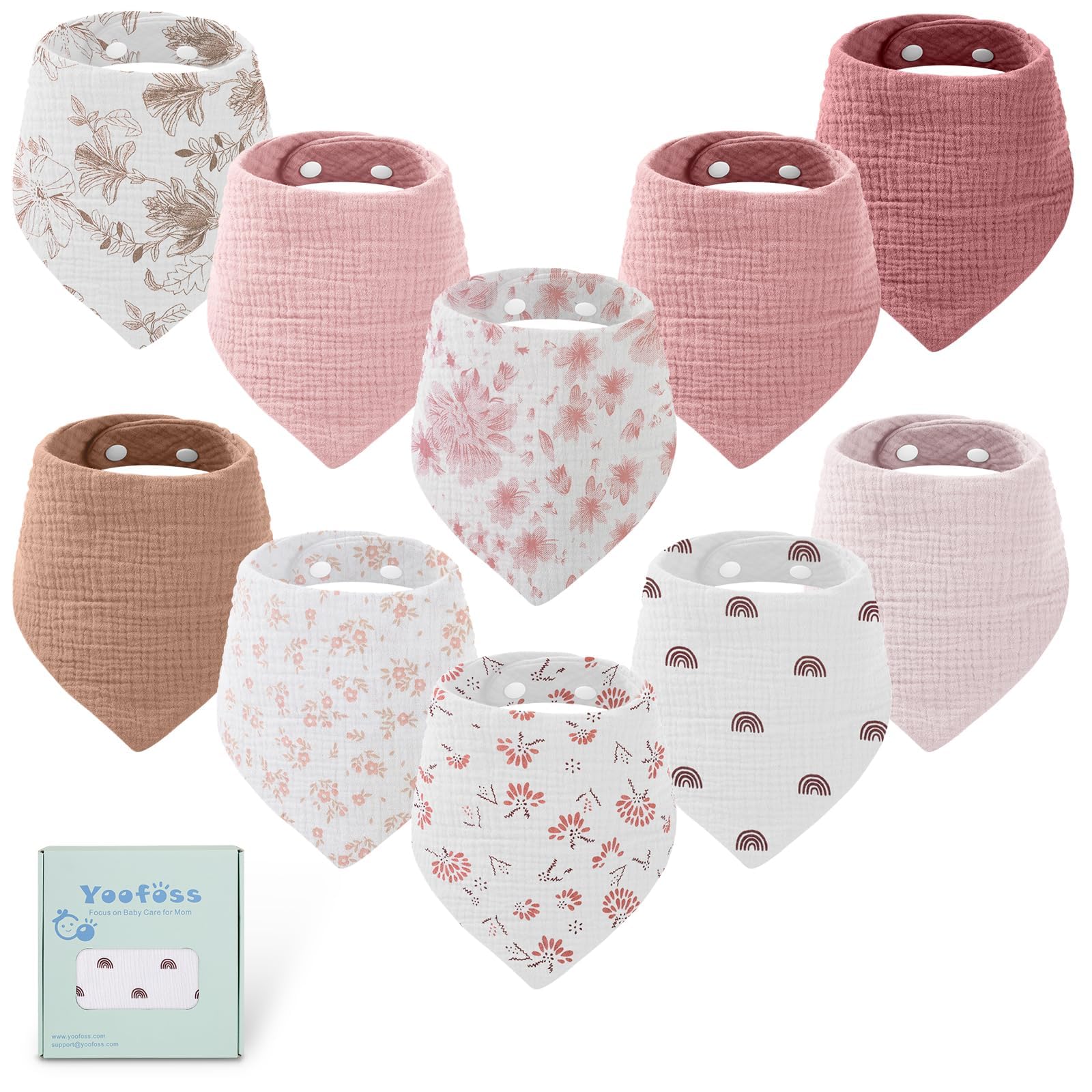 Yoofoss Muslin Baby Bibs 10 Pack Dribble Bandana Bibs 100% Cotton Drool Bib for Teething Soft and Absorbent with Adjustable Snaps Flowers