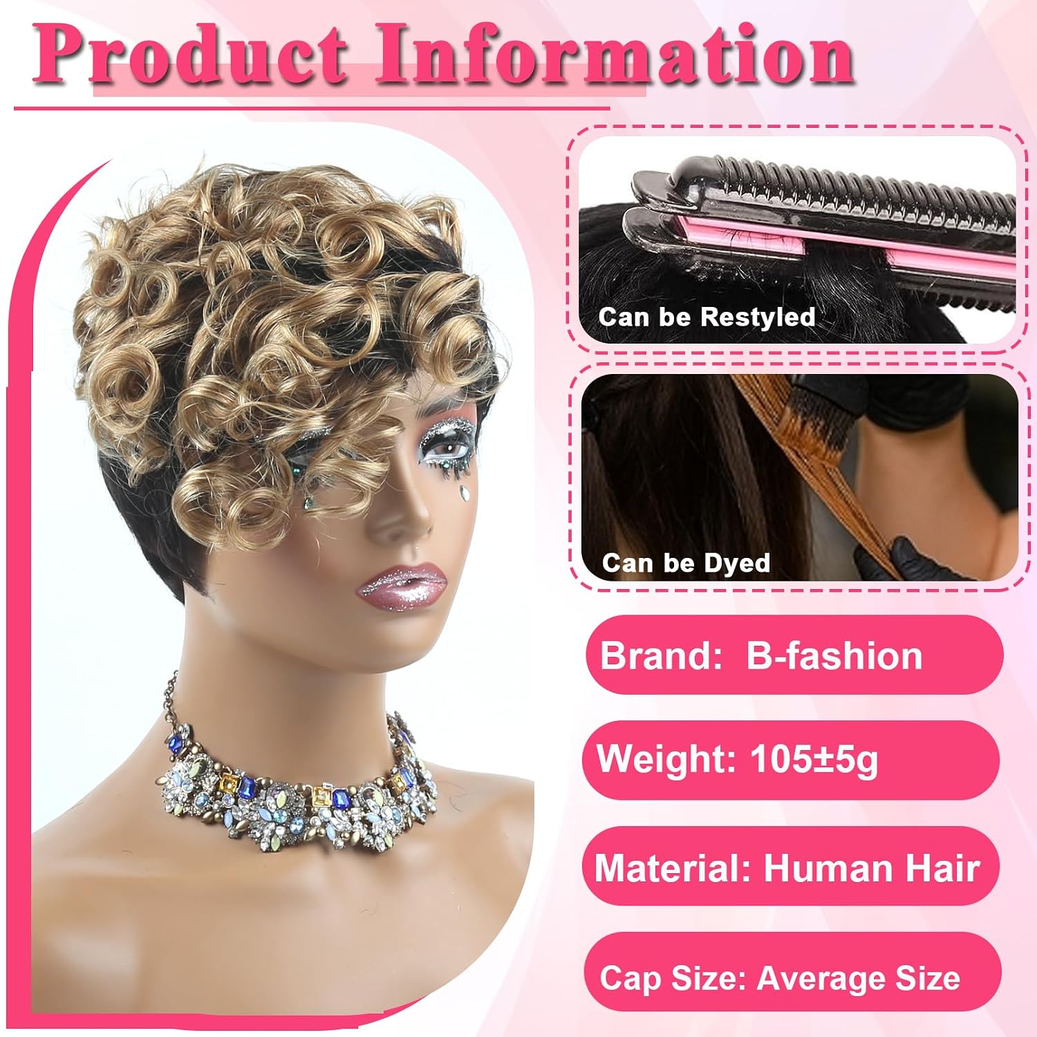 Pixie Cut Wig Human Hair Short Blonde Curly Pixie Cut Wigs for Black Women Ombre Wear and Go Glueless Human Hair Wigs Layered Wavy Brazilian Virgin Machine Made Wig Loose Curl Haircut Side Bangs 1B/27