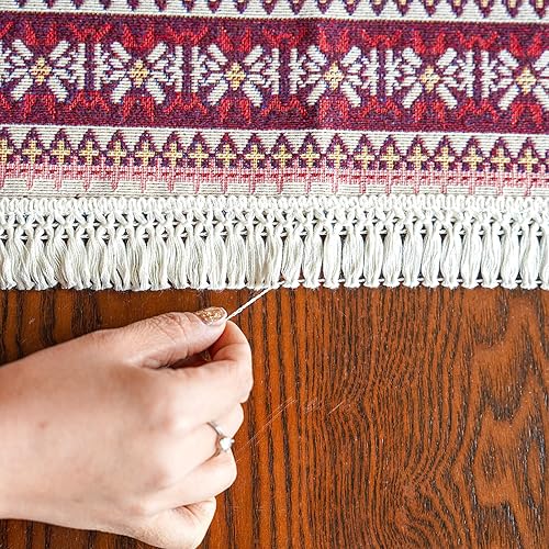 Miniatura 4 de SUTAVIA Mantel bohemio rojo de tela de lino de algodón con borlas, sin arrugas, bohemio, lavable, para decoración del hogar, mesa de comedor (rojo