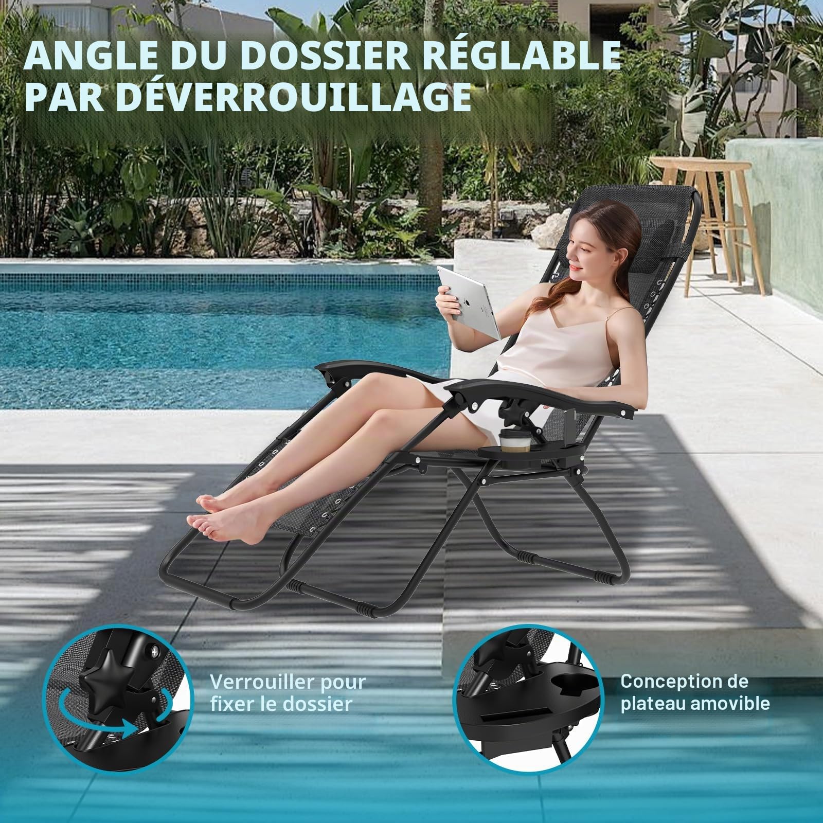 Chaise Longue Pliante，Bain de Soleil，Fauteuil Relax Jardin avec Repose-Tête et Porte-Gobelet,Inclinables，Transat de Plage，Chaise de Camping，Transat de Relaxation pour Patio Jardin Plage，Noir