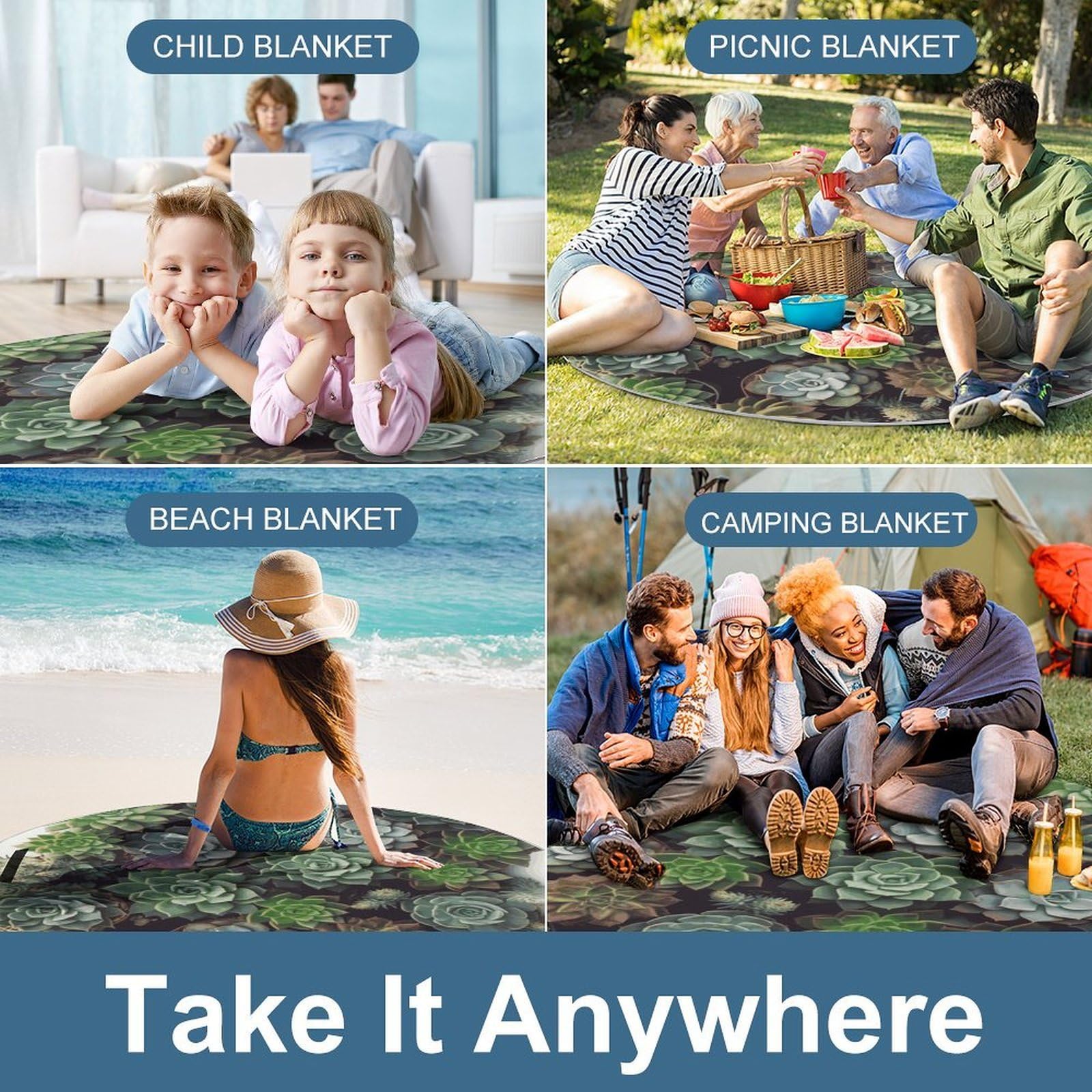 Soczyste rośliny, koc piknikowy, okrągły, składany, lekki, wodoodporny koc plażowy, koc outdoorowy, na wiosnę, lato, kemping, do parku, trawy podróżnej