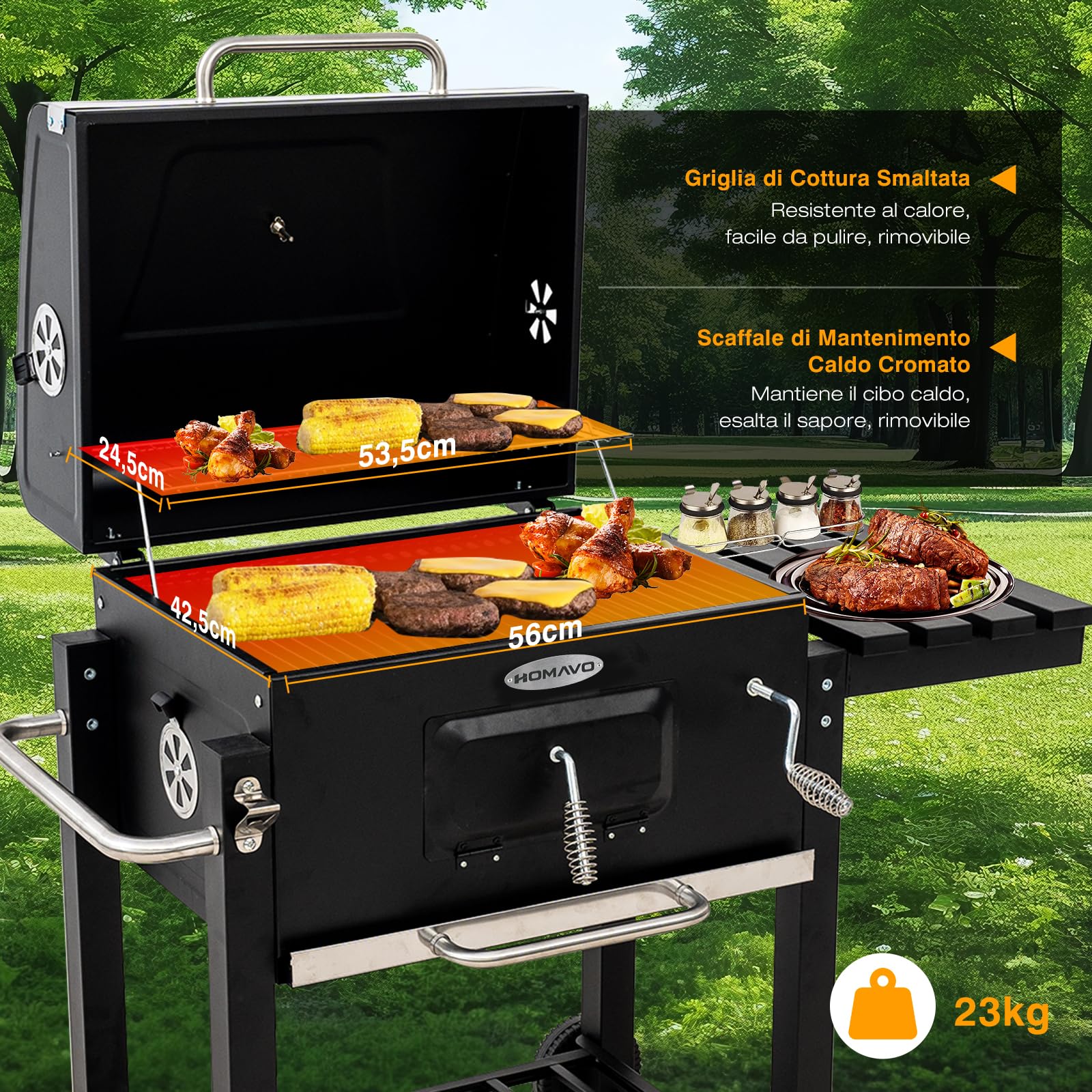 Barbecue a Carbonella, Barbecue con Coperchio, Griglia Piegevole, Superficie di Cottura 56×42,5 cm, Braciere Regolabile in Altezza, Tavolino Laterale Piegevole e Copertura Protettiva Inclusa