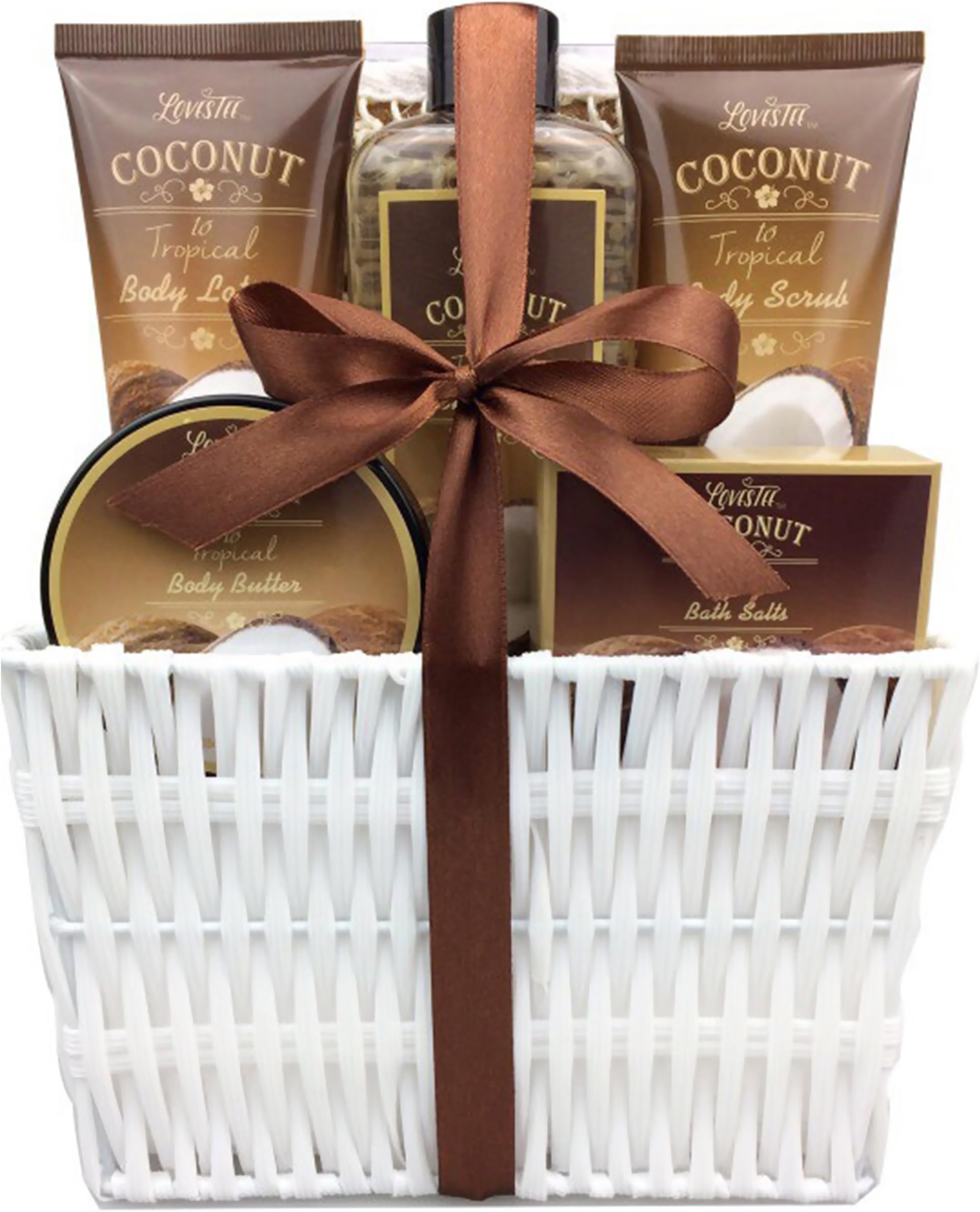 Mother's Day Spa Gift Baskets Bath and Body Set Refreshing Coconut Fragrance Lovestee - Bath and Body Gift Set Includes Shower Gel Body Lotion Body Scrub Body Butter Bath Salt and Loofah Scrubbed