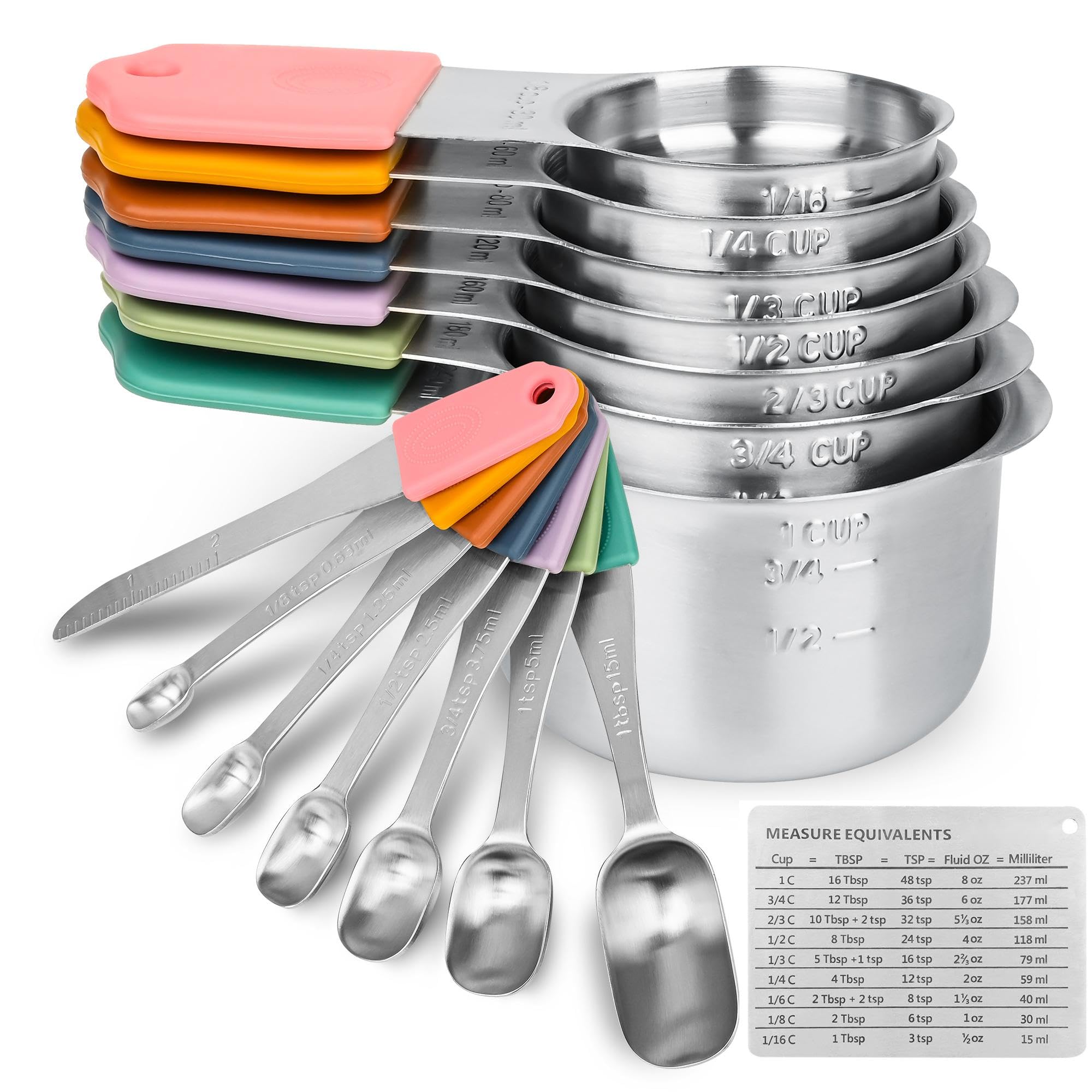 Smithcraft Magnetic Measuring Cups & Spoons Set 15, Stainless Steel Measuring Cups and Spoons Set, Color Heavy Duty Metal Measuring Cups&Spoons Set w/Leveler & Measure Equivalents for Cooking & Baking